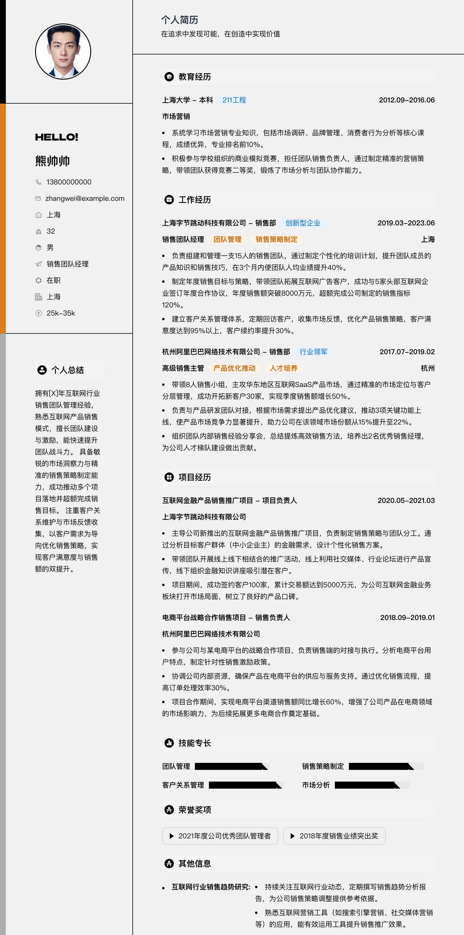 销售团队经理简历模板