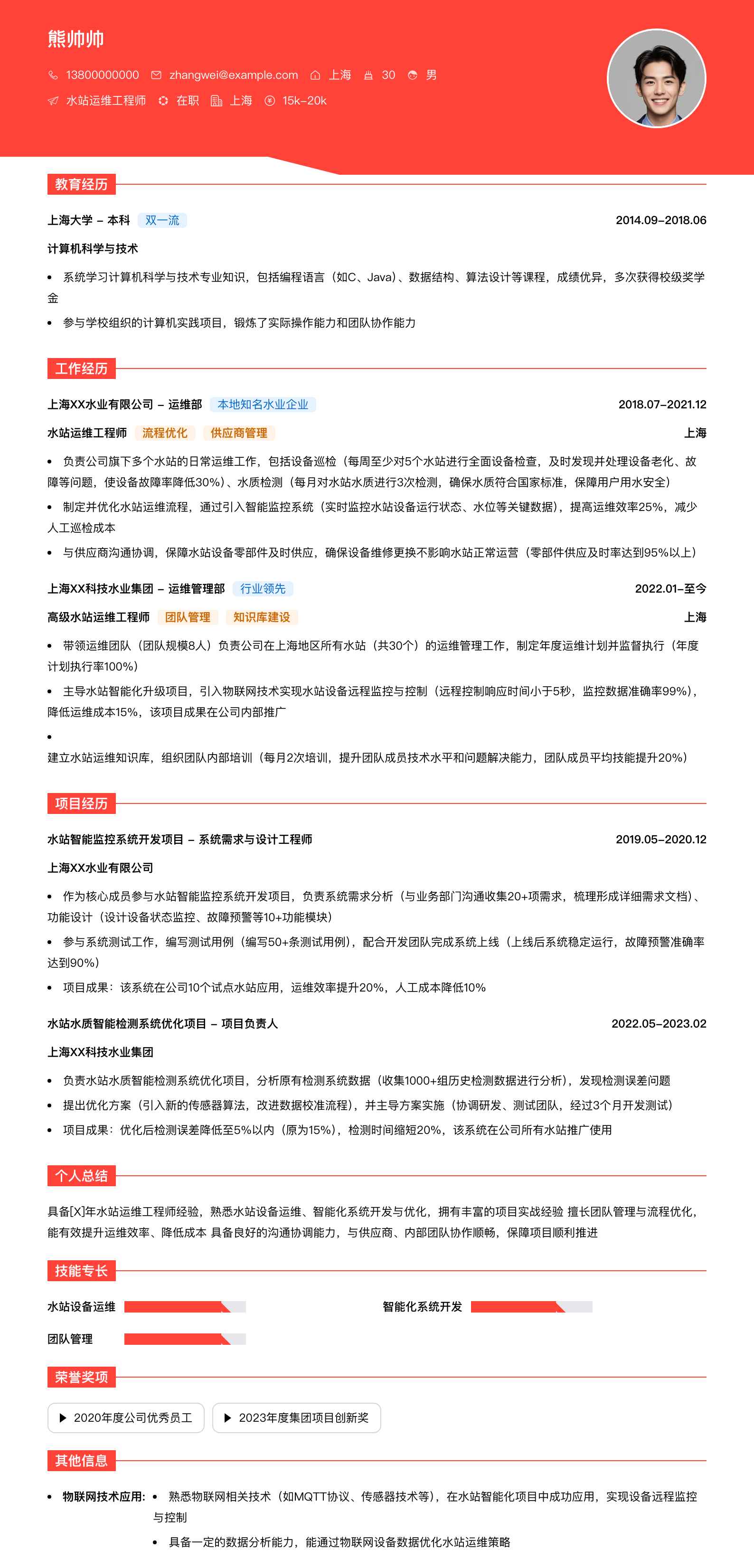 水站运维工程师简历模板