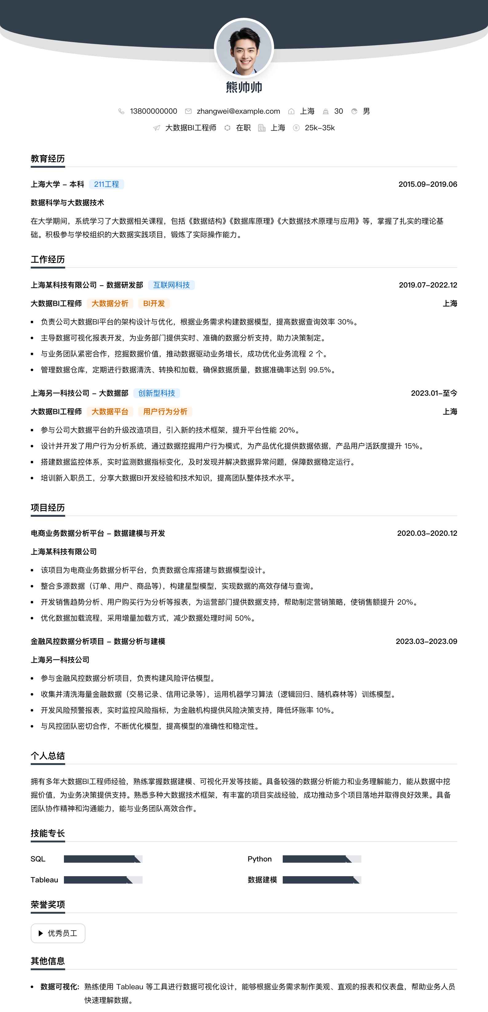 大数据bi工程师简历模板