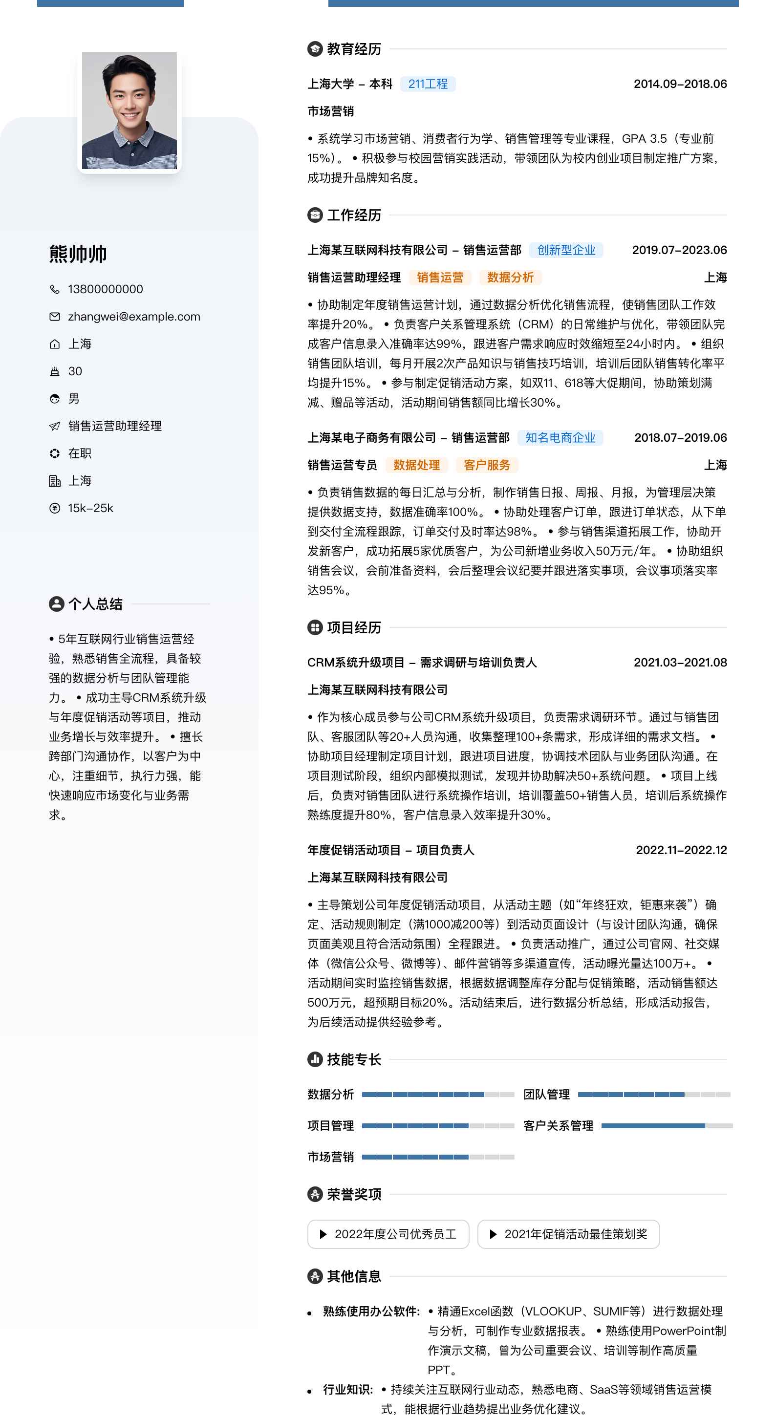 销售运营助理经理简历模板