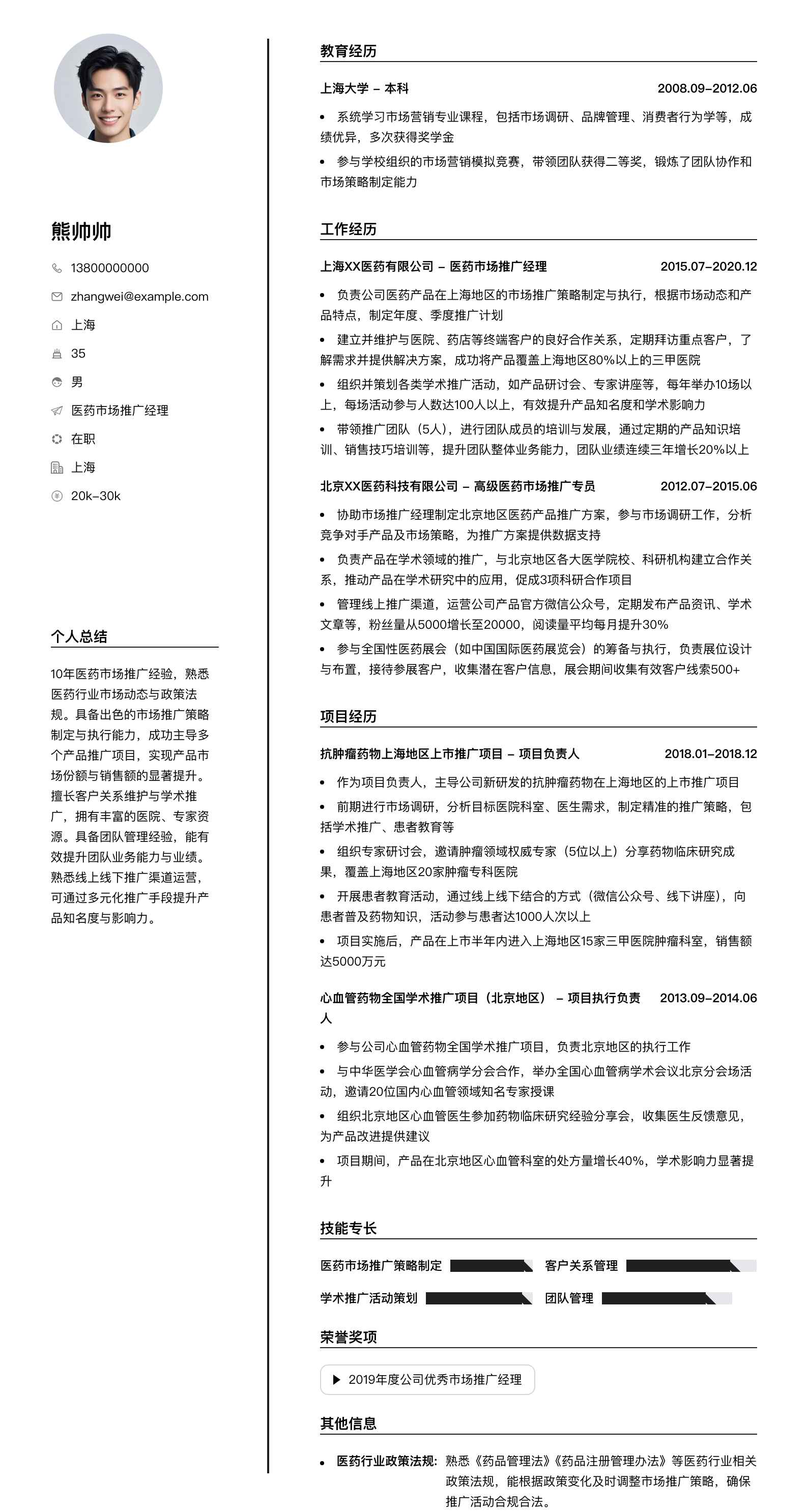 医药市场推广经理简历模板