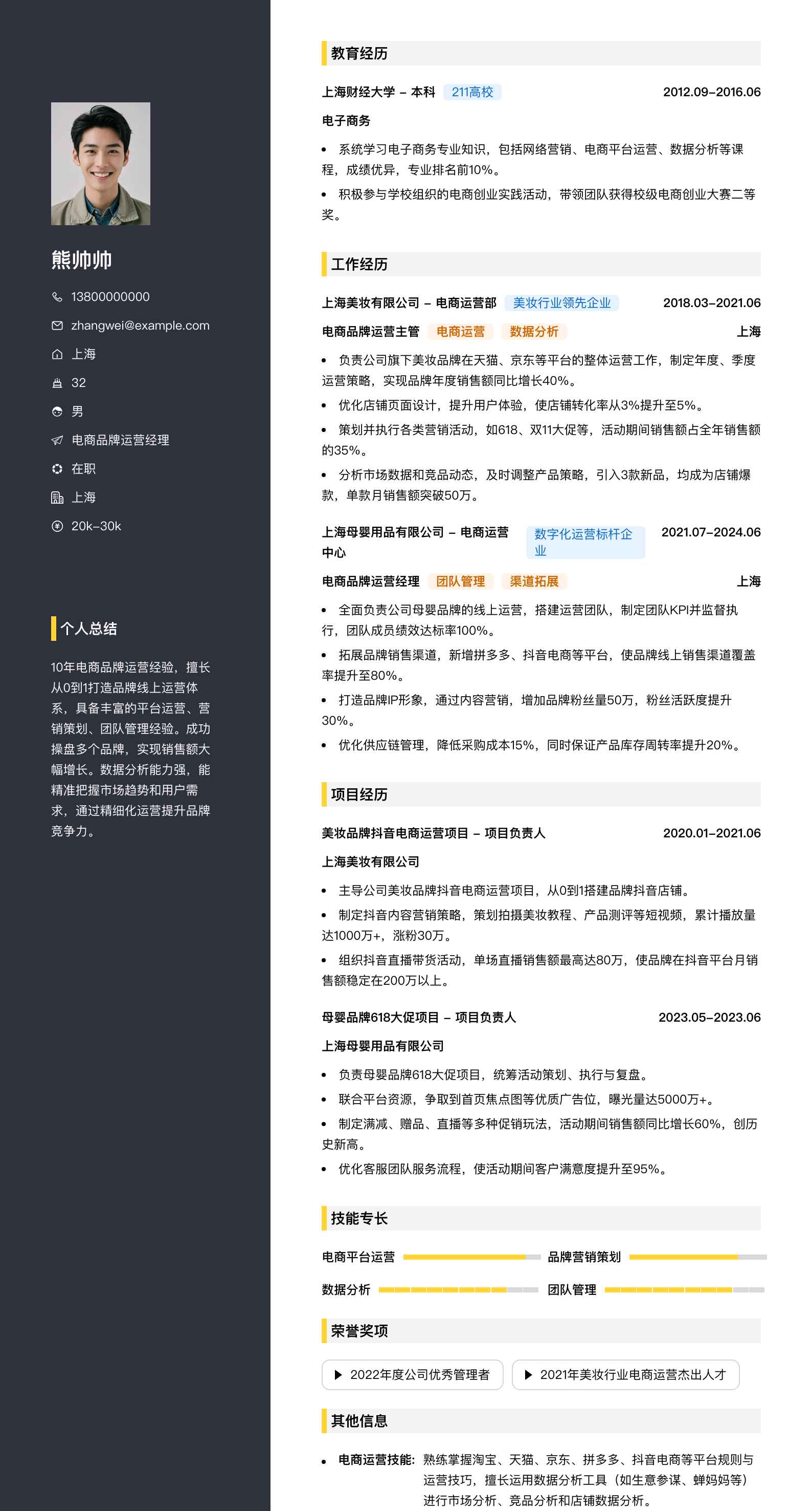 电商品牌运营经理简历模板