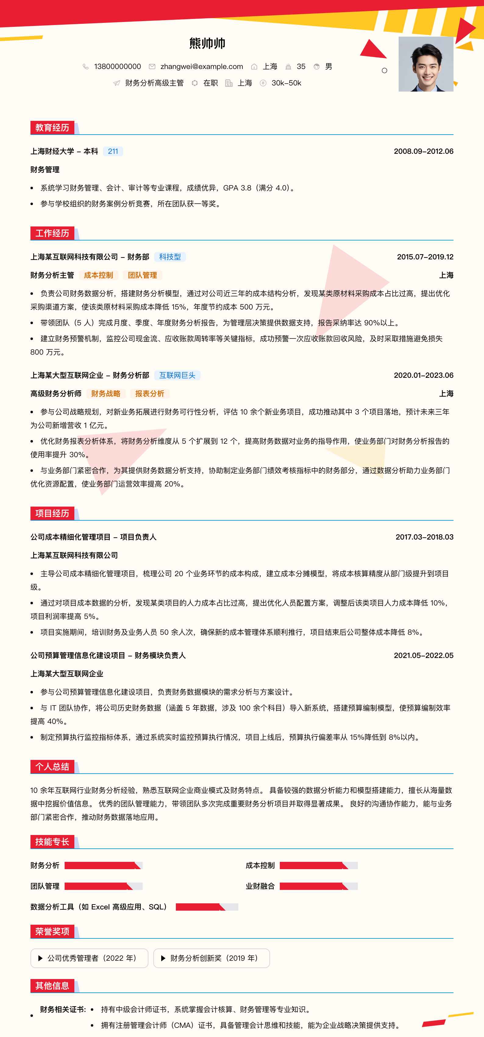 财务分析高级主管简历模板