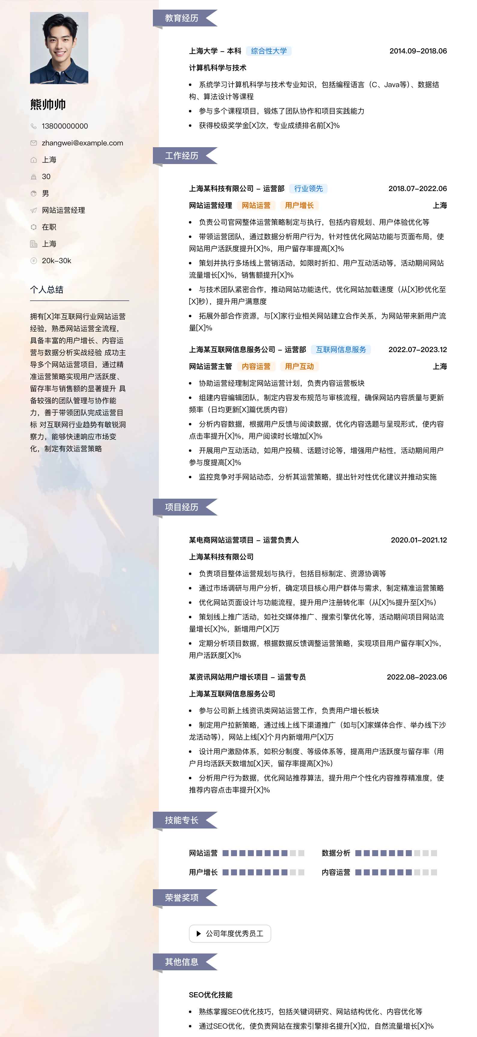 网站运营经理简历模板