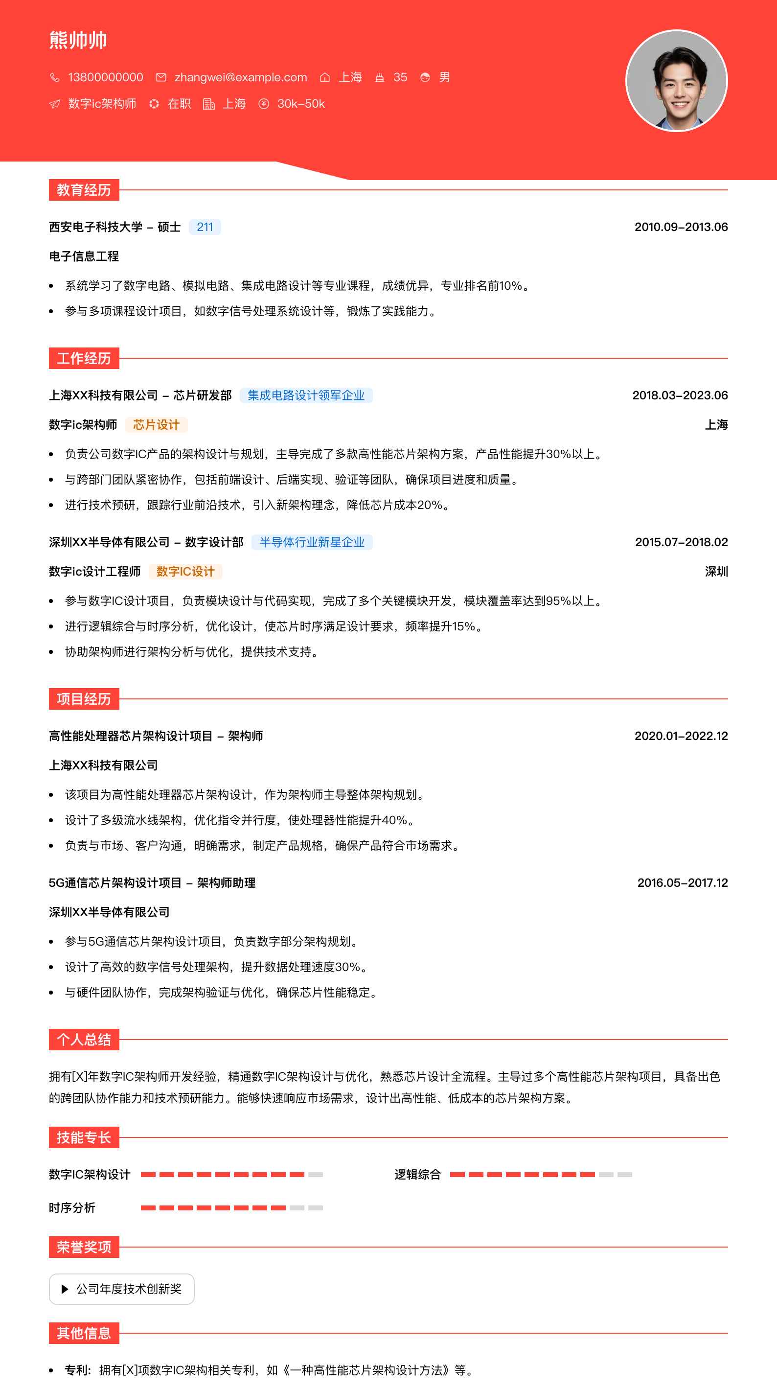 数字ic架构师简历模板