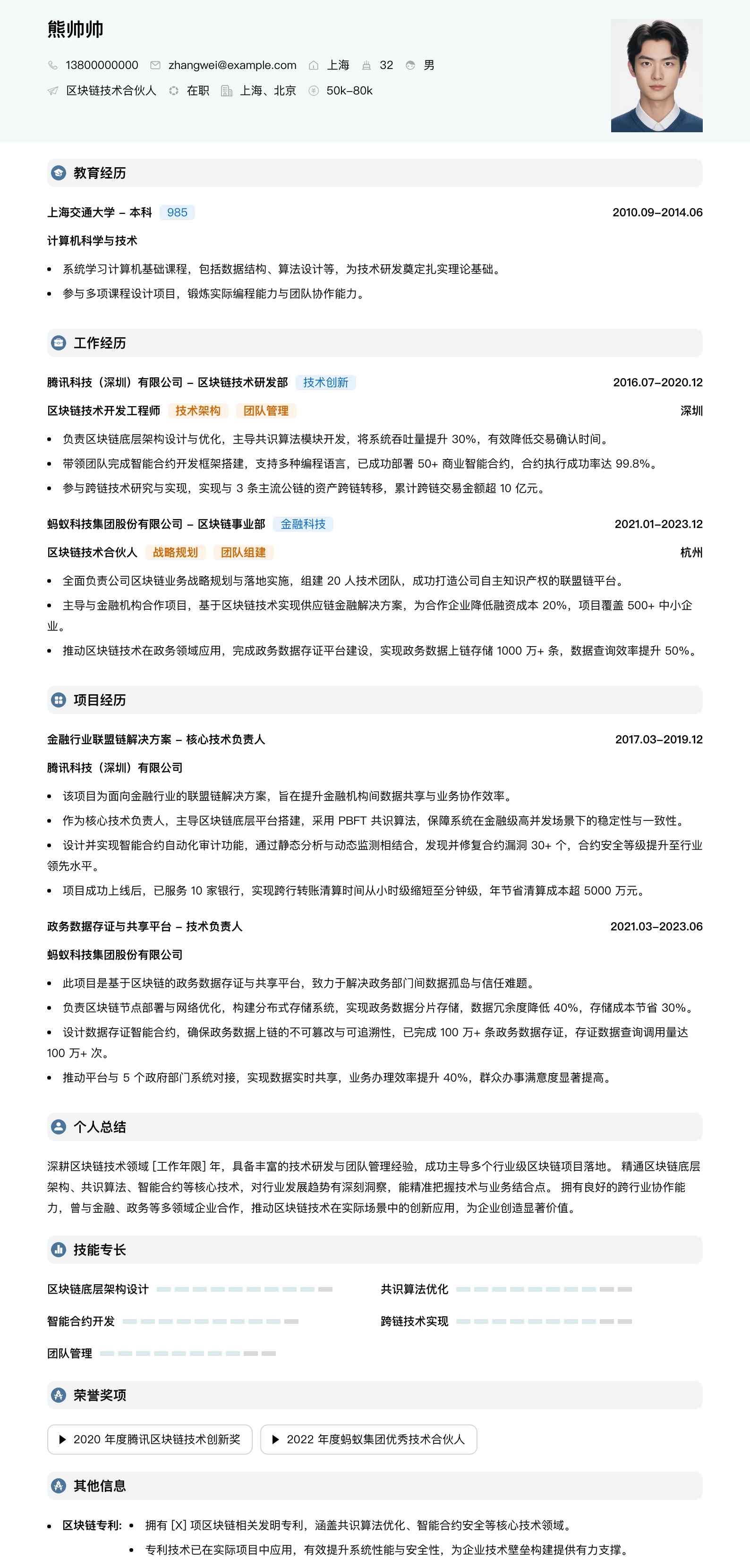 区块链技术合伙人简历模板