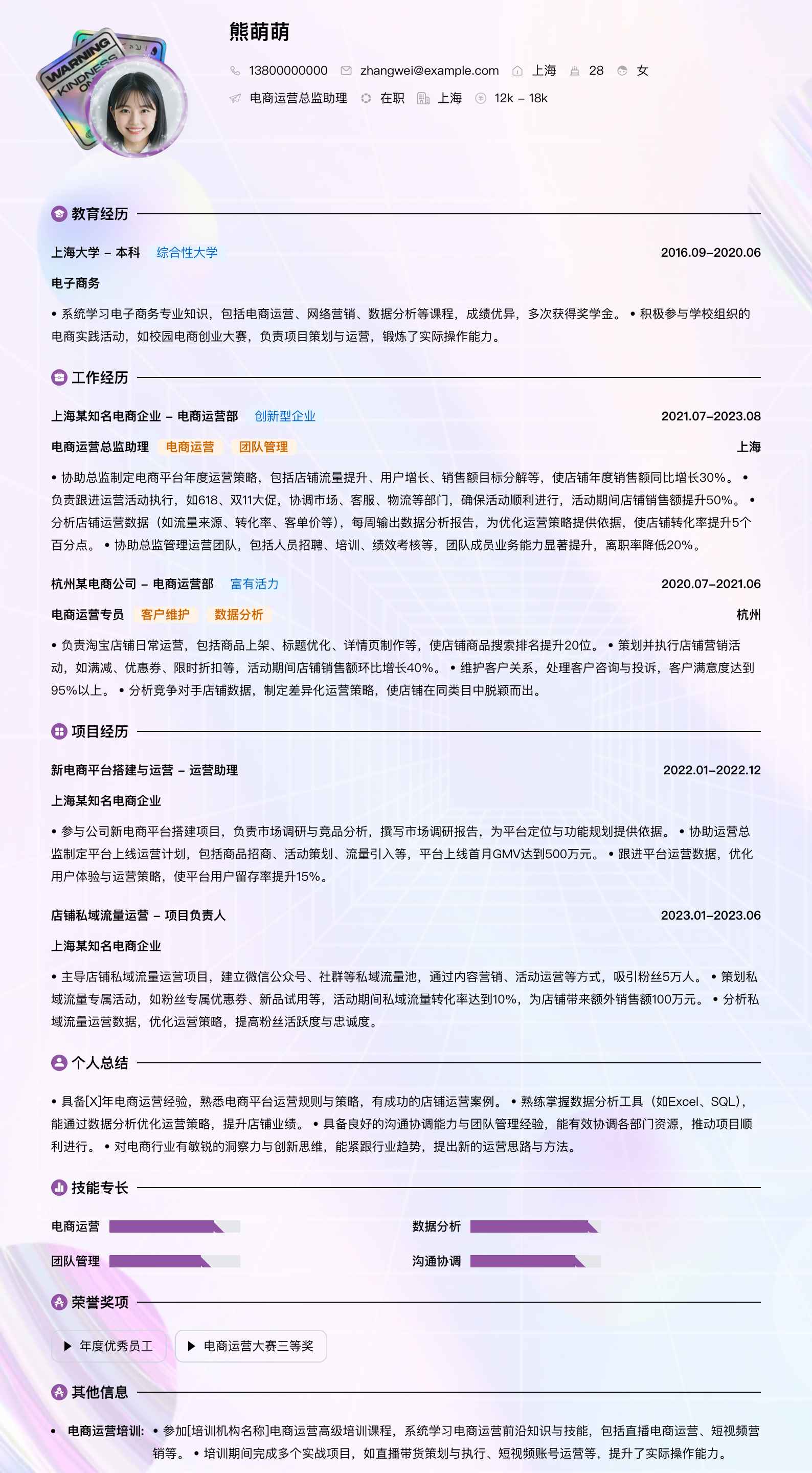 电商运营总监助理简历模板