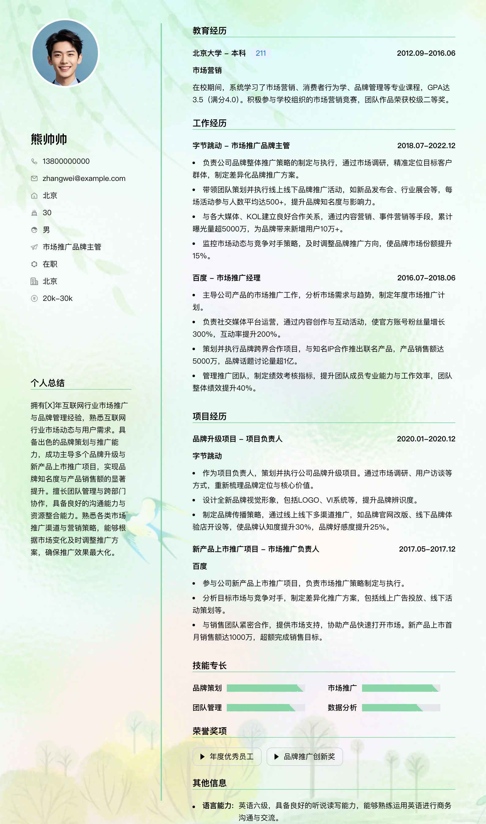 市场推广品牌主管简历模板