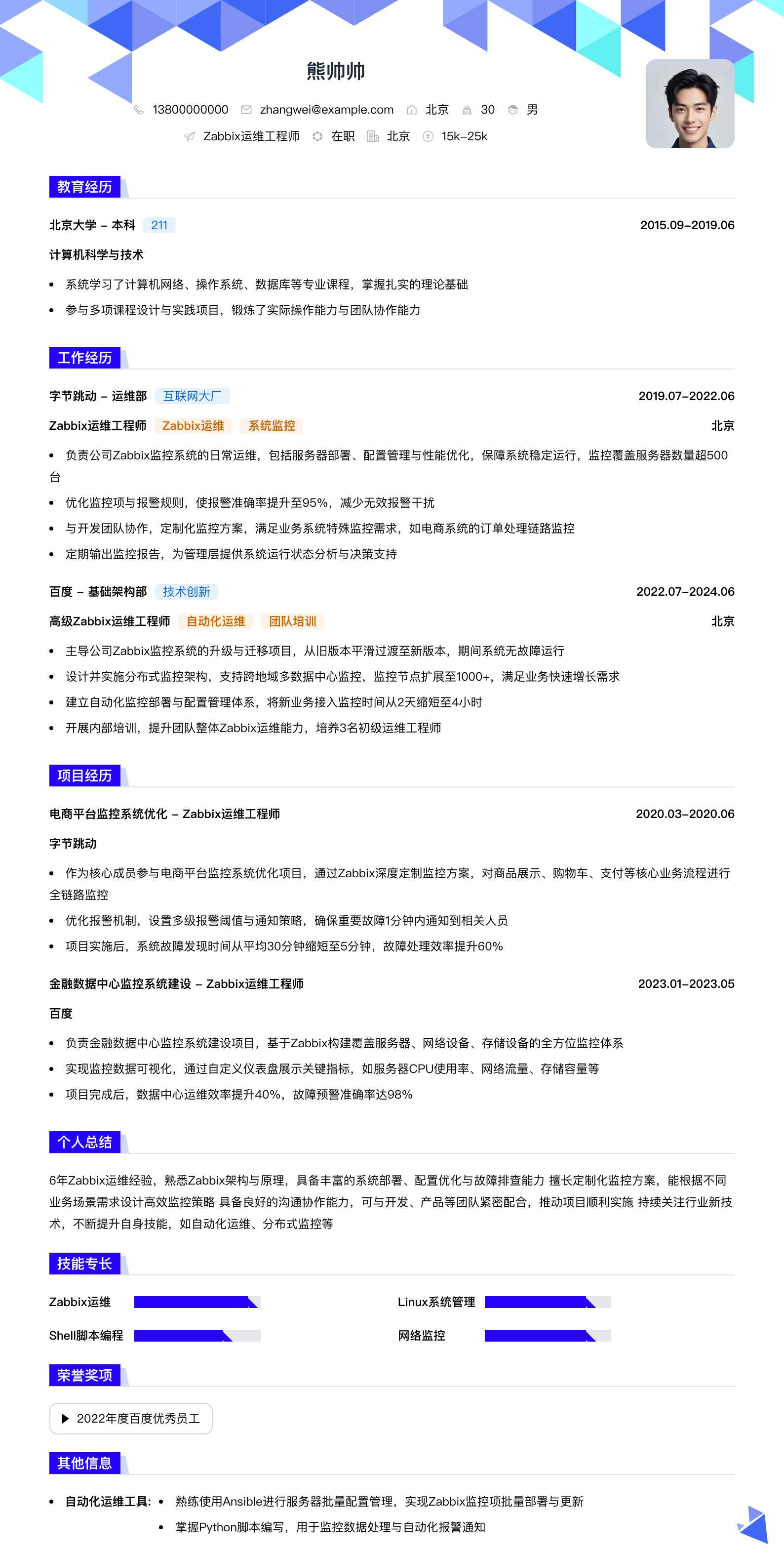 zabbix运维工程师简历模板