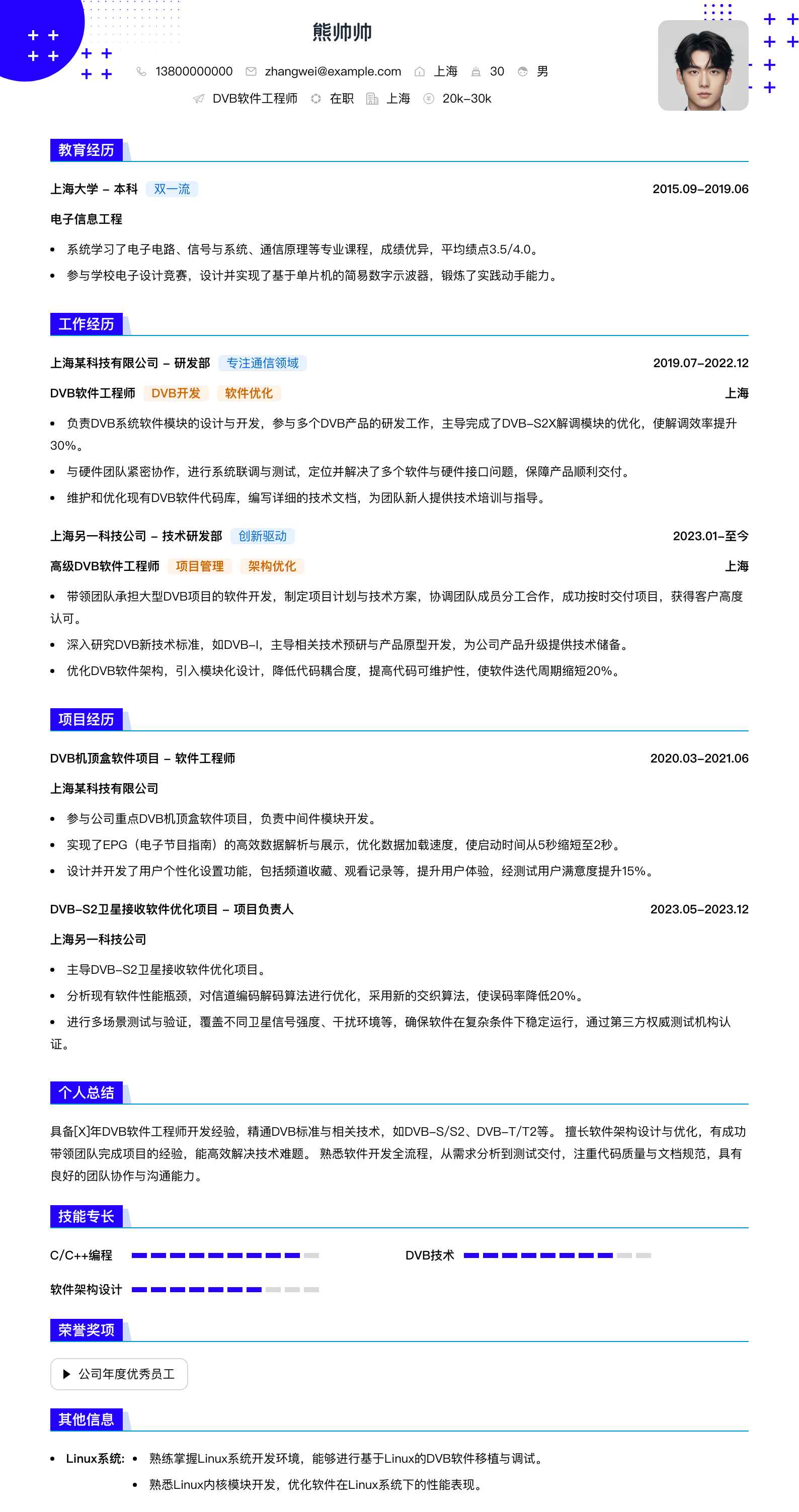 dvb软件工程师简历模板