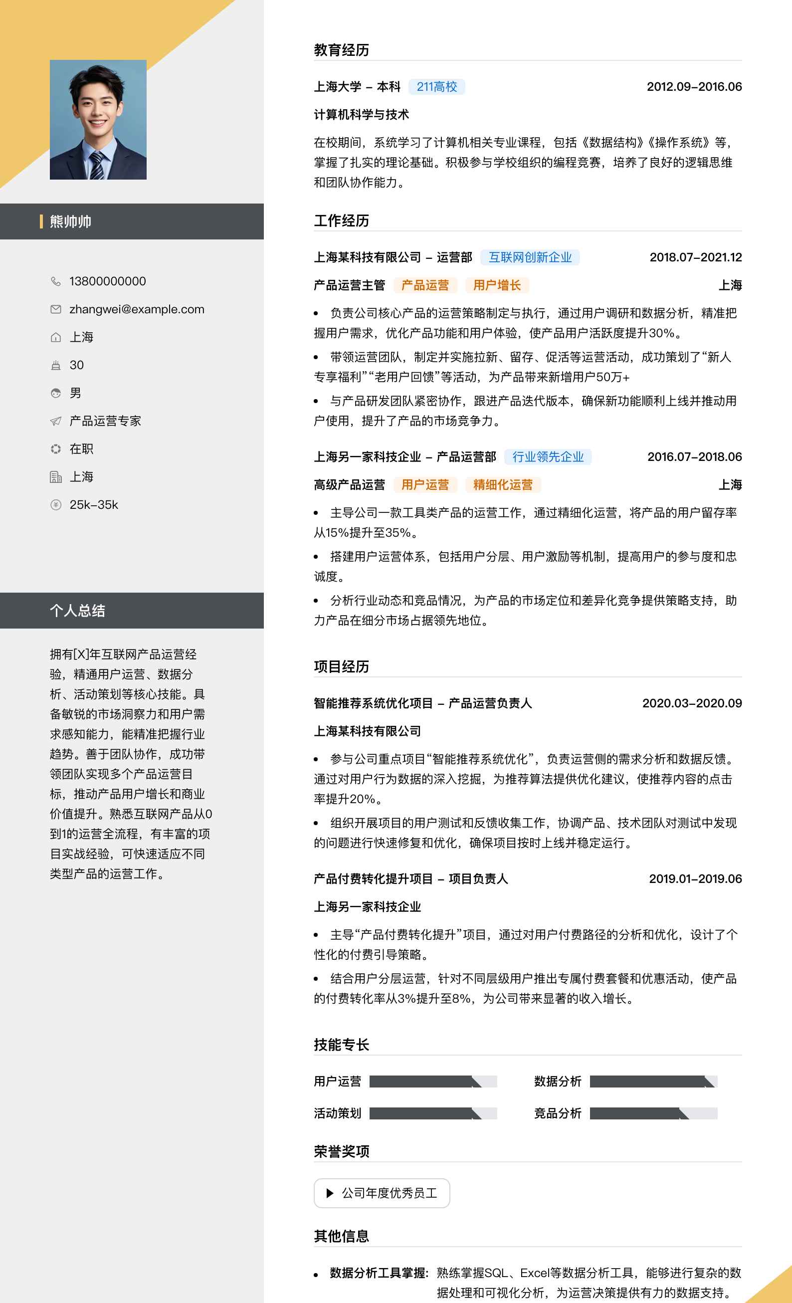 产品运营专家简历模板