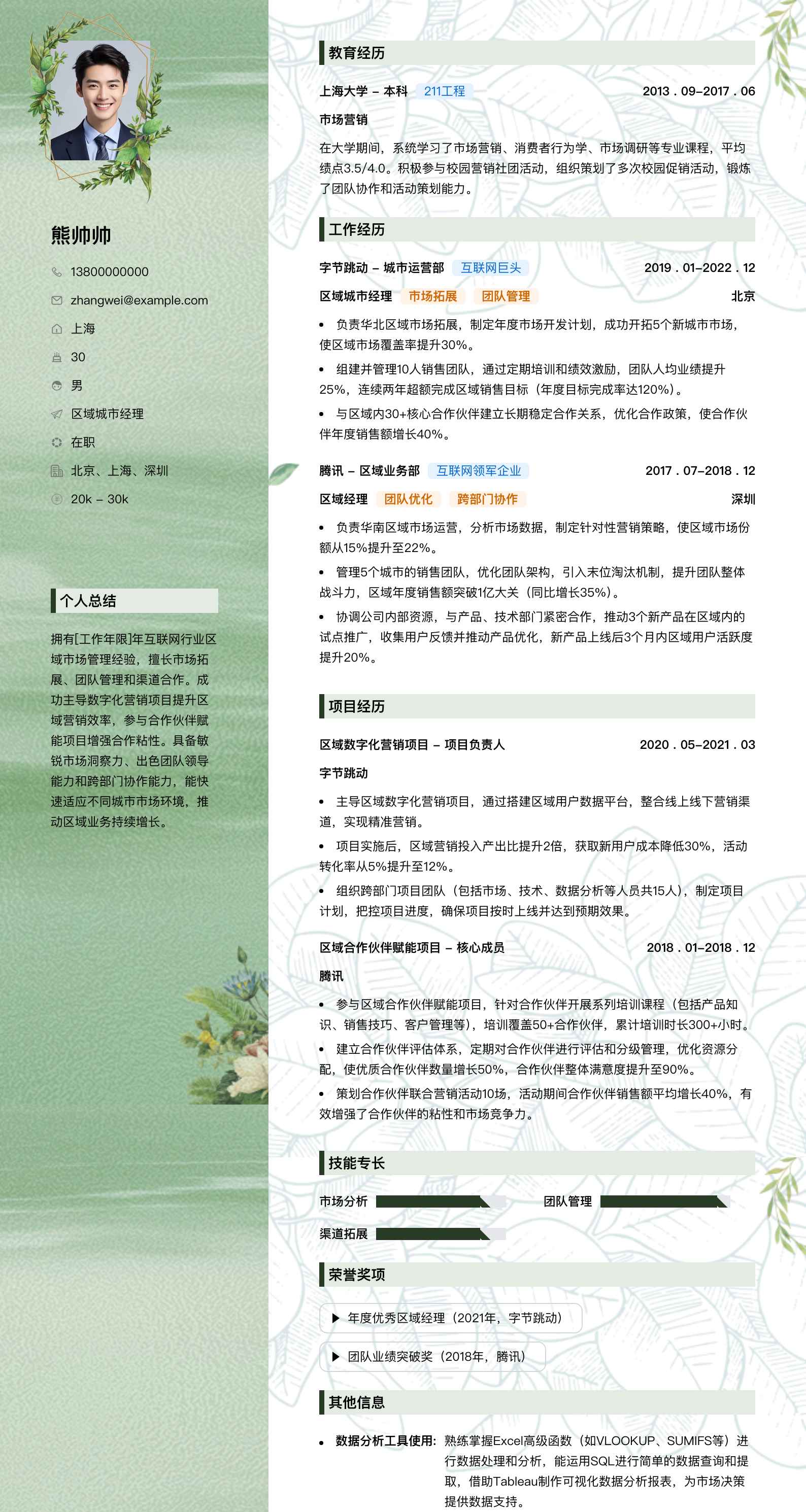 区域城市经理简历模板