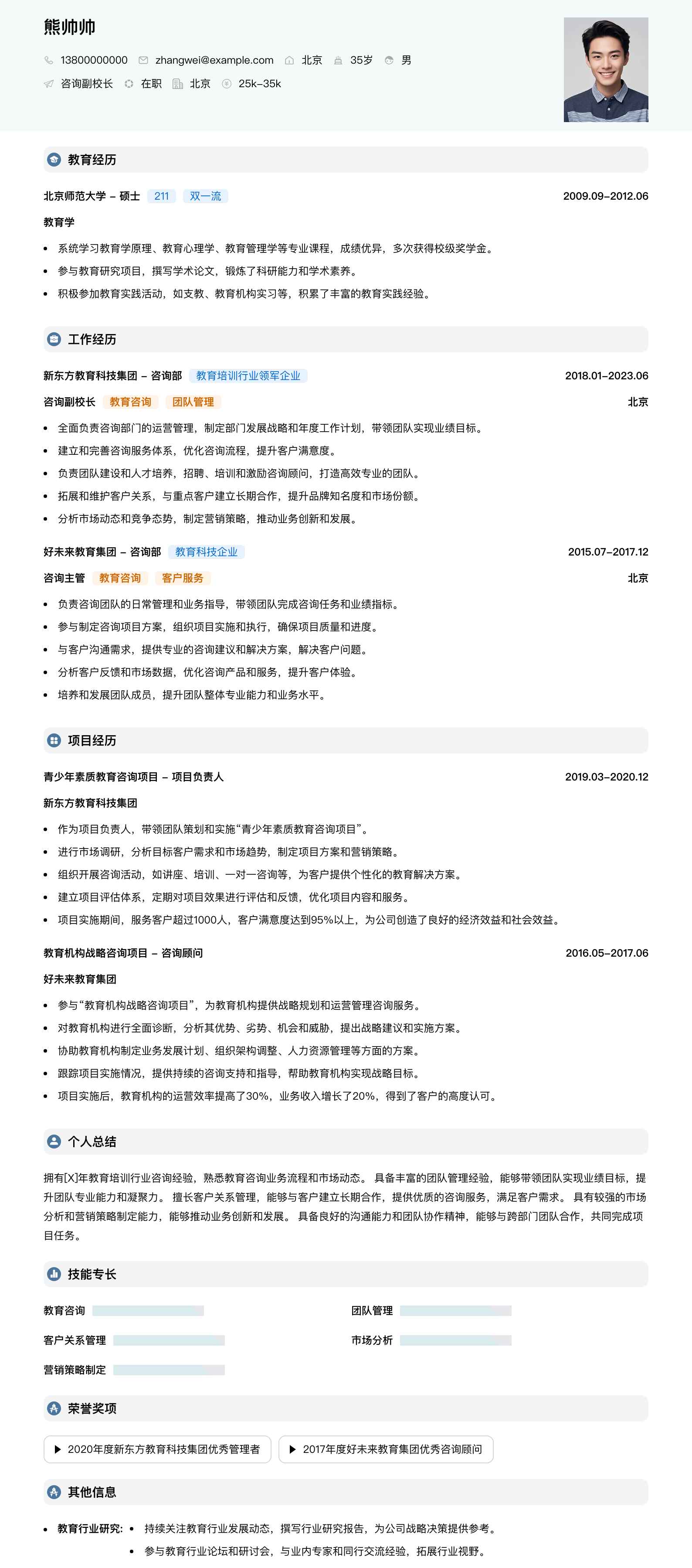 咨询副校长简历模板