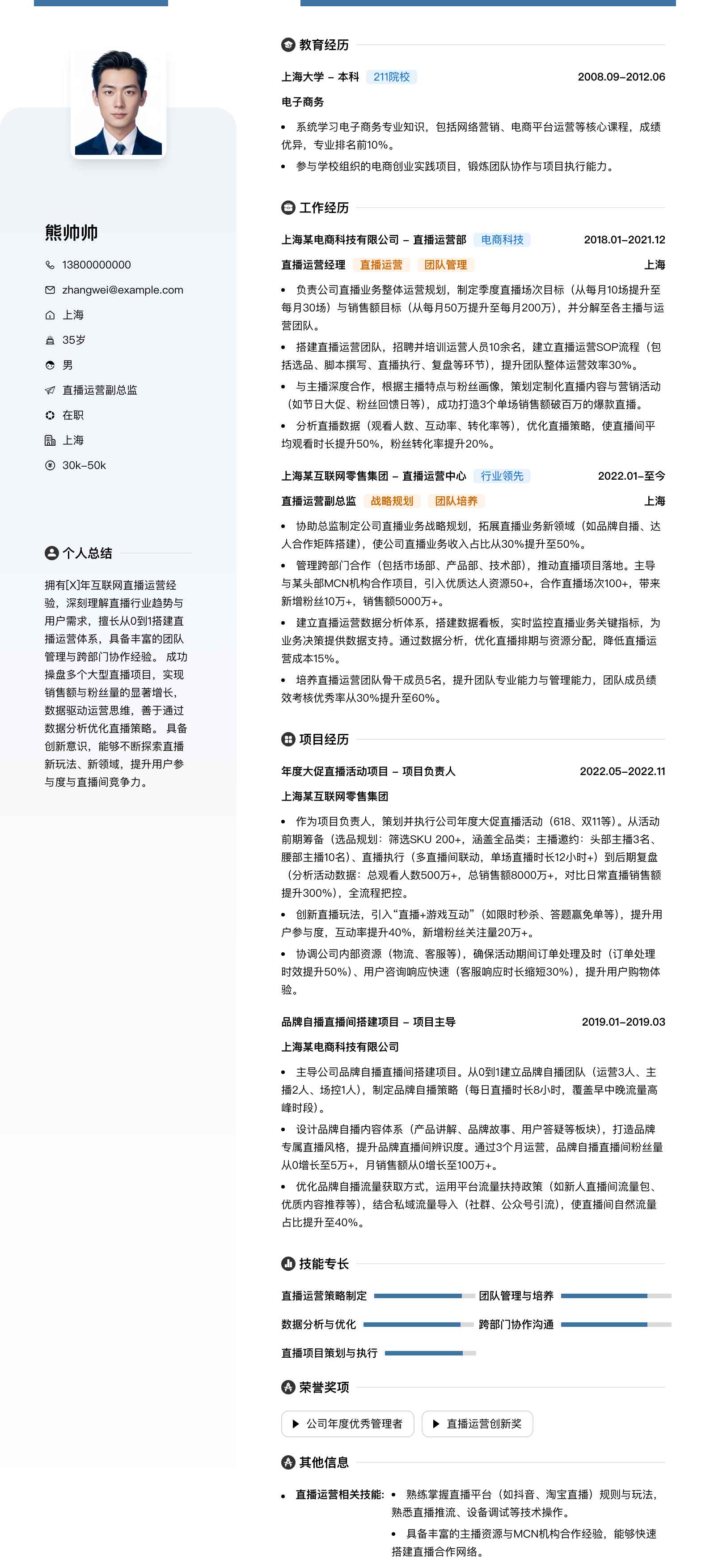 直播运营副总监简历模板