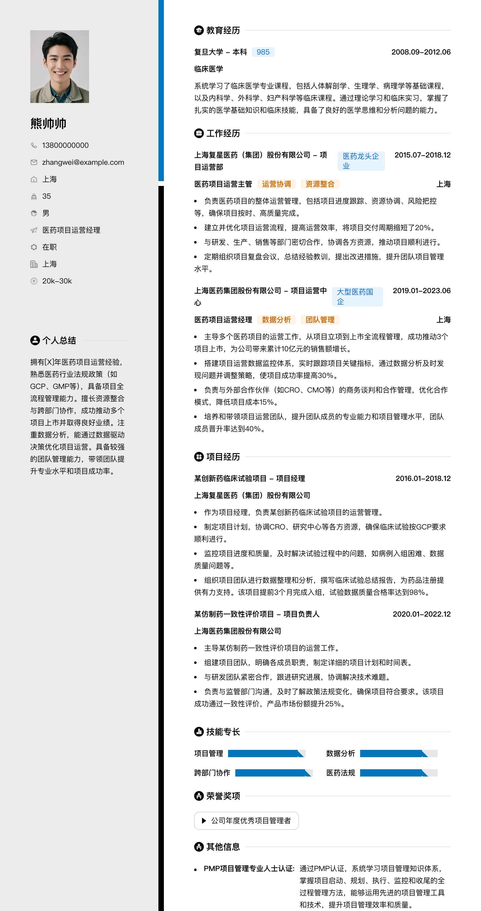 医药项目运营经理简历模板