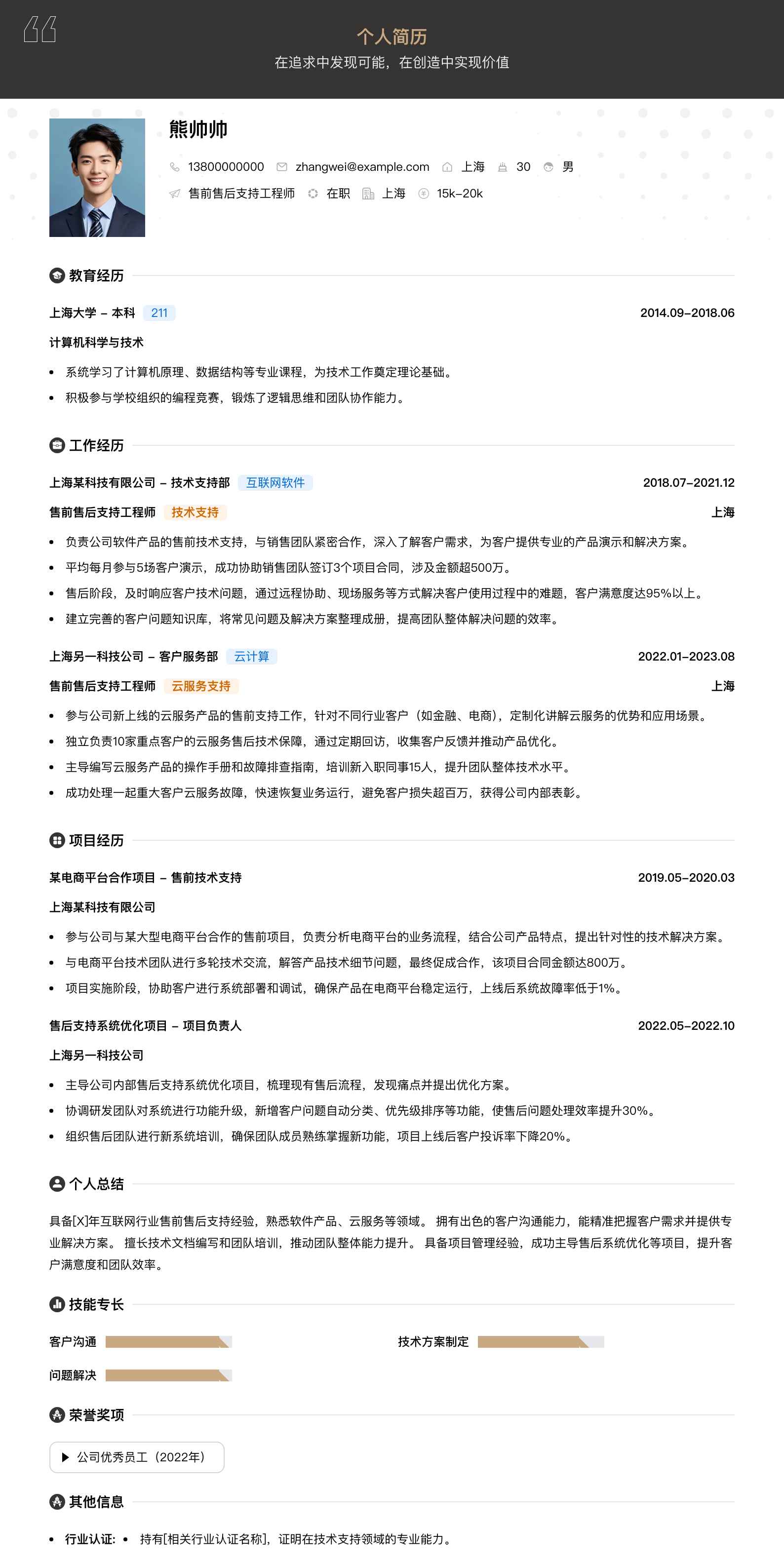 售前售后支持工程师简历模板