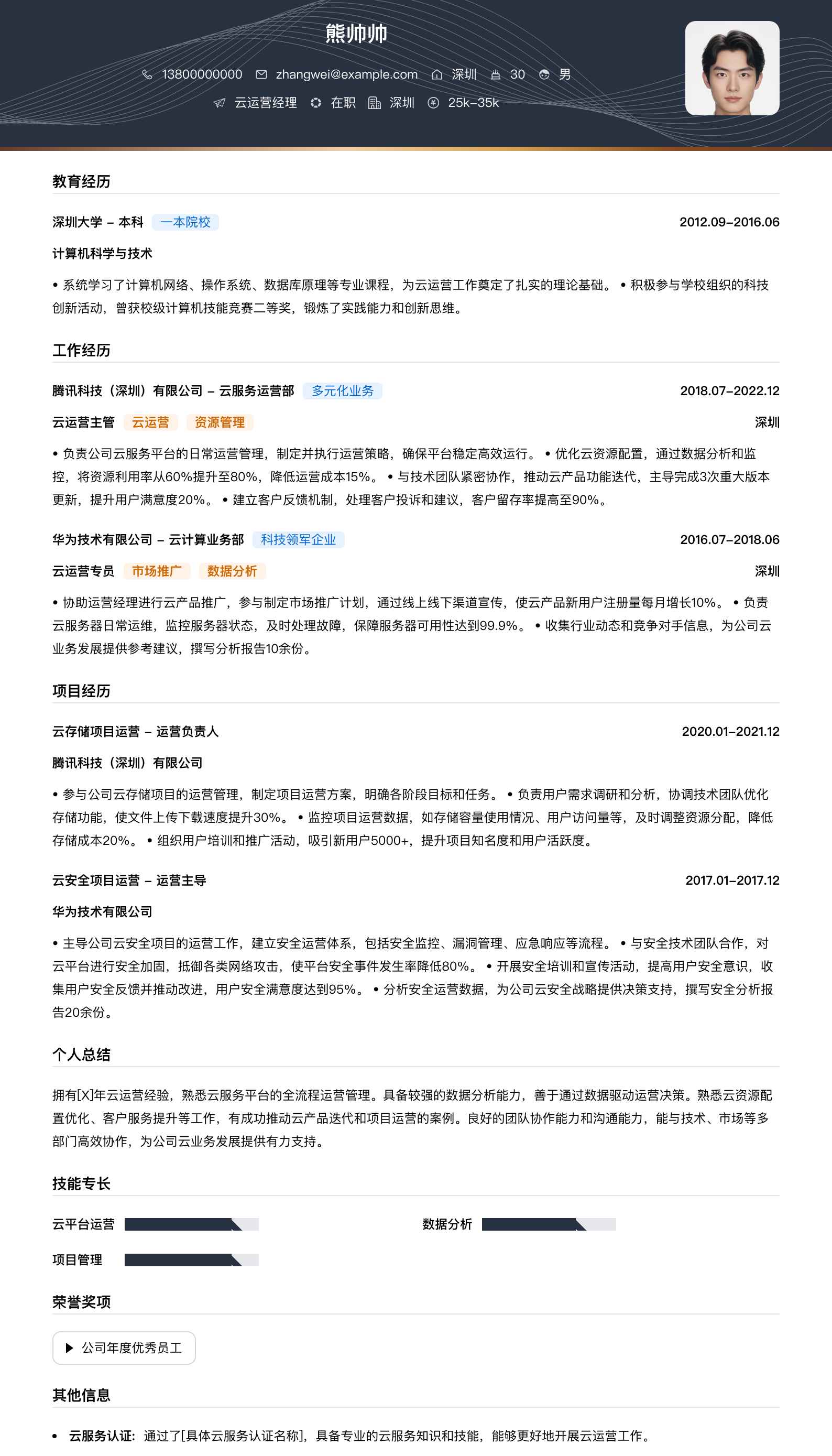 云运营经理简历模板