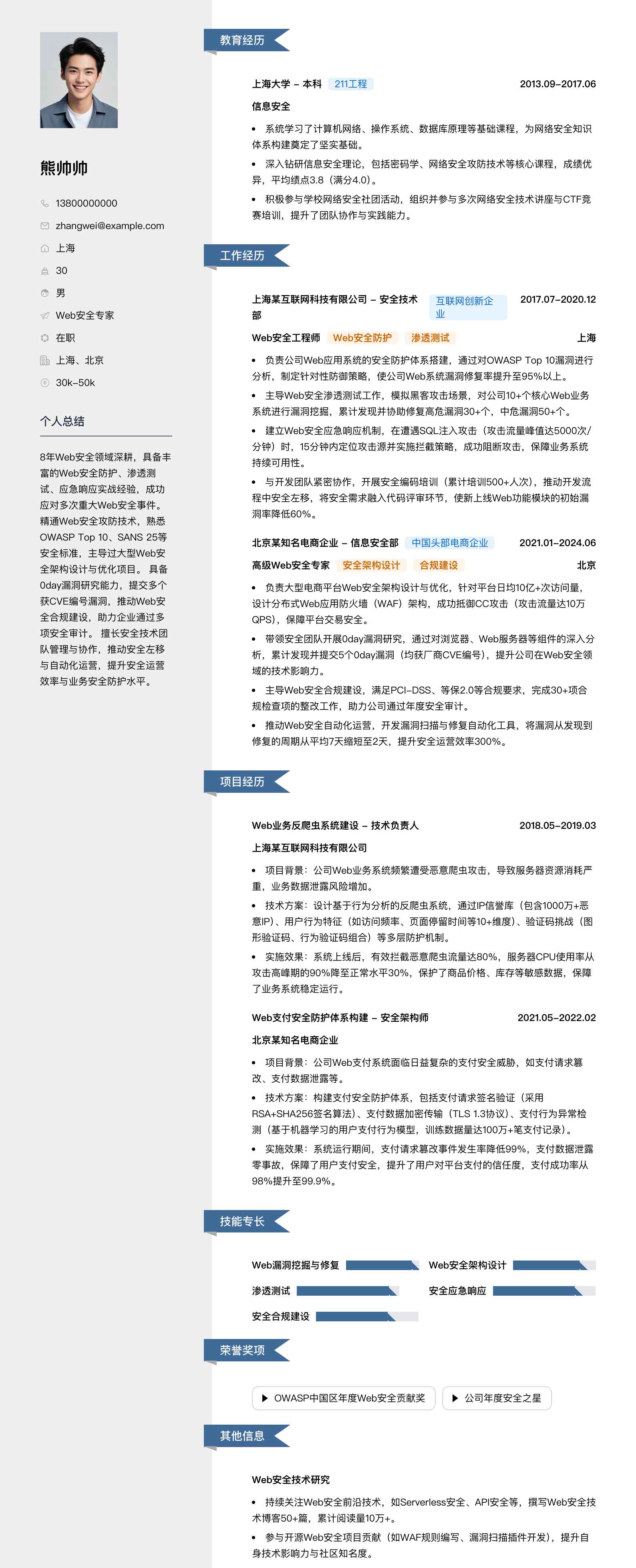 web安全专家简历模板