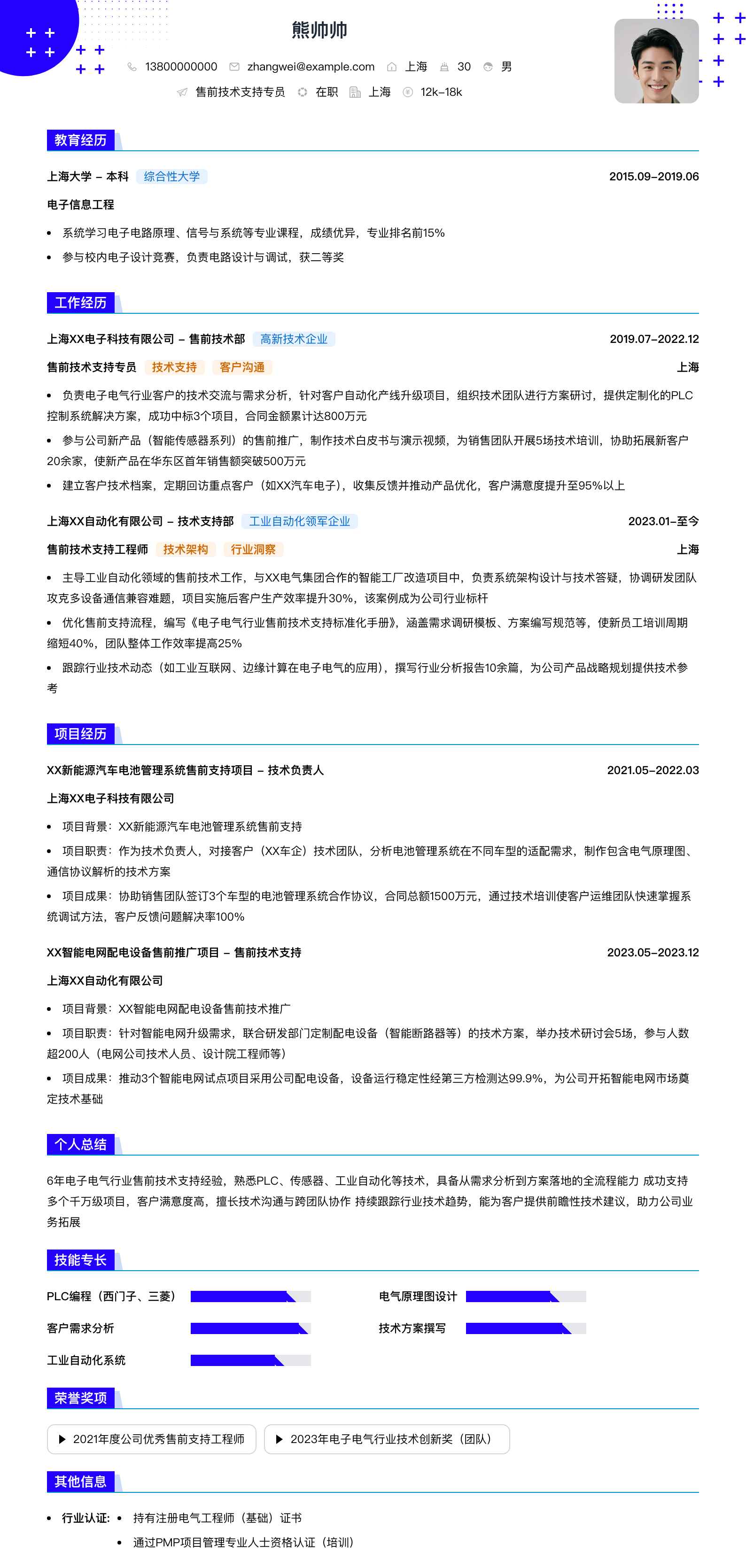 售前技术支持专员简历模板