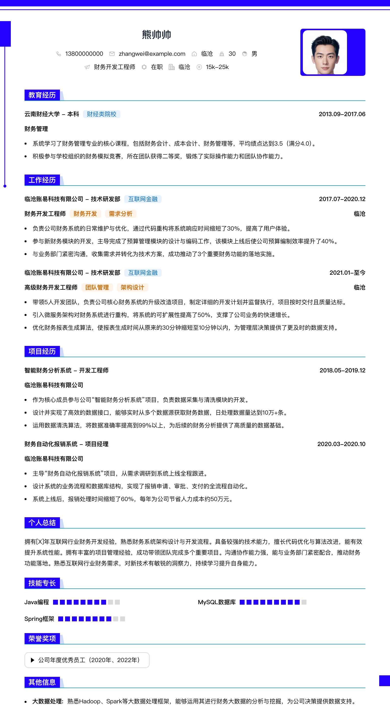 临沧账易财务简历模板
