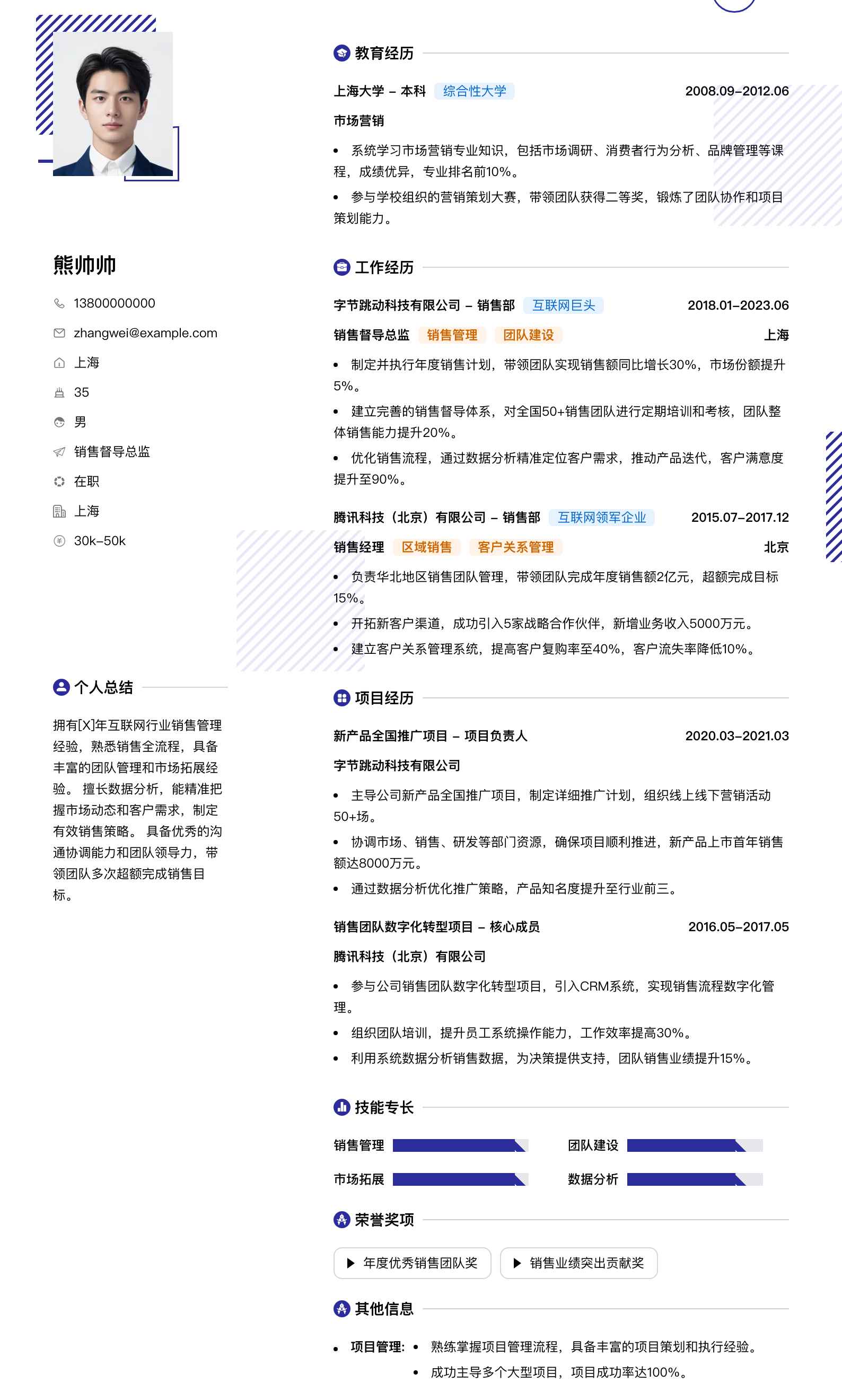 销售督导总监简历模板