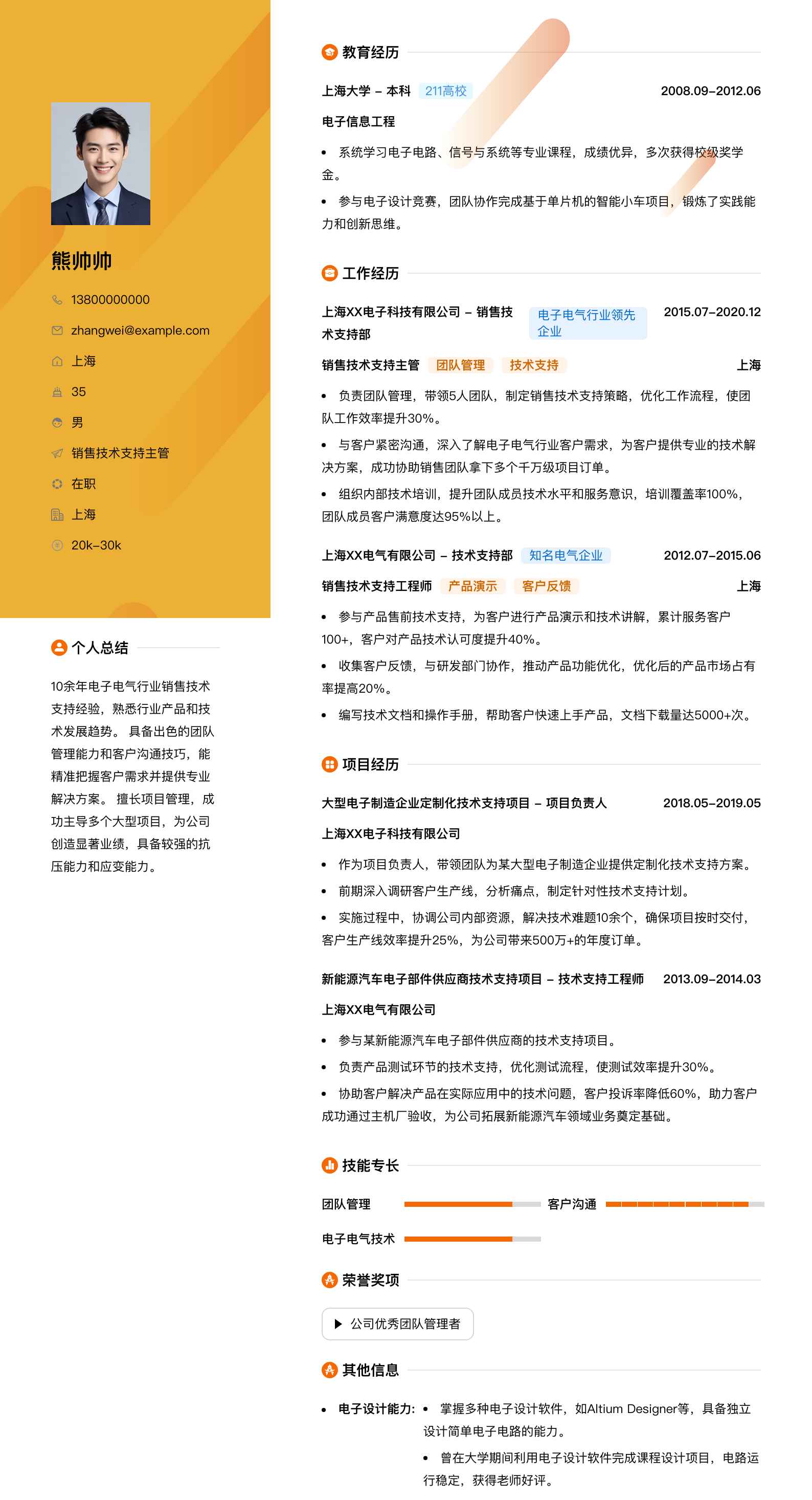 销售技术支持主管简历模板