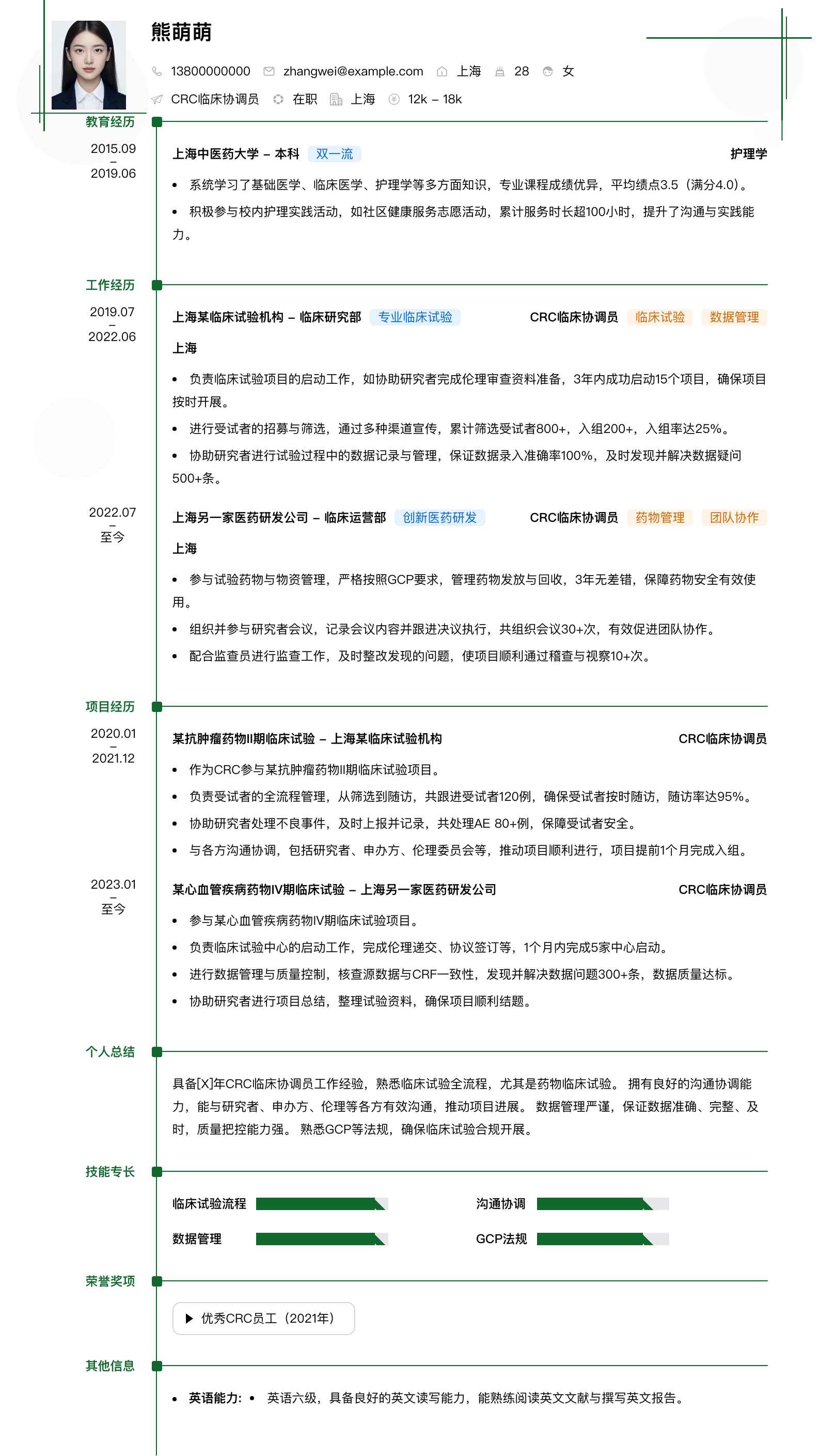 crc临床协调员简历模板