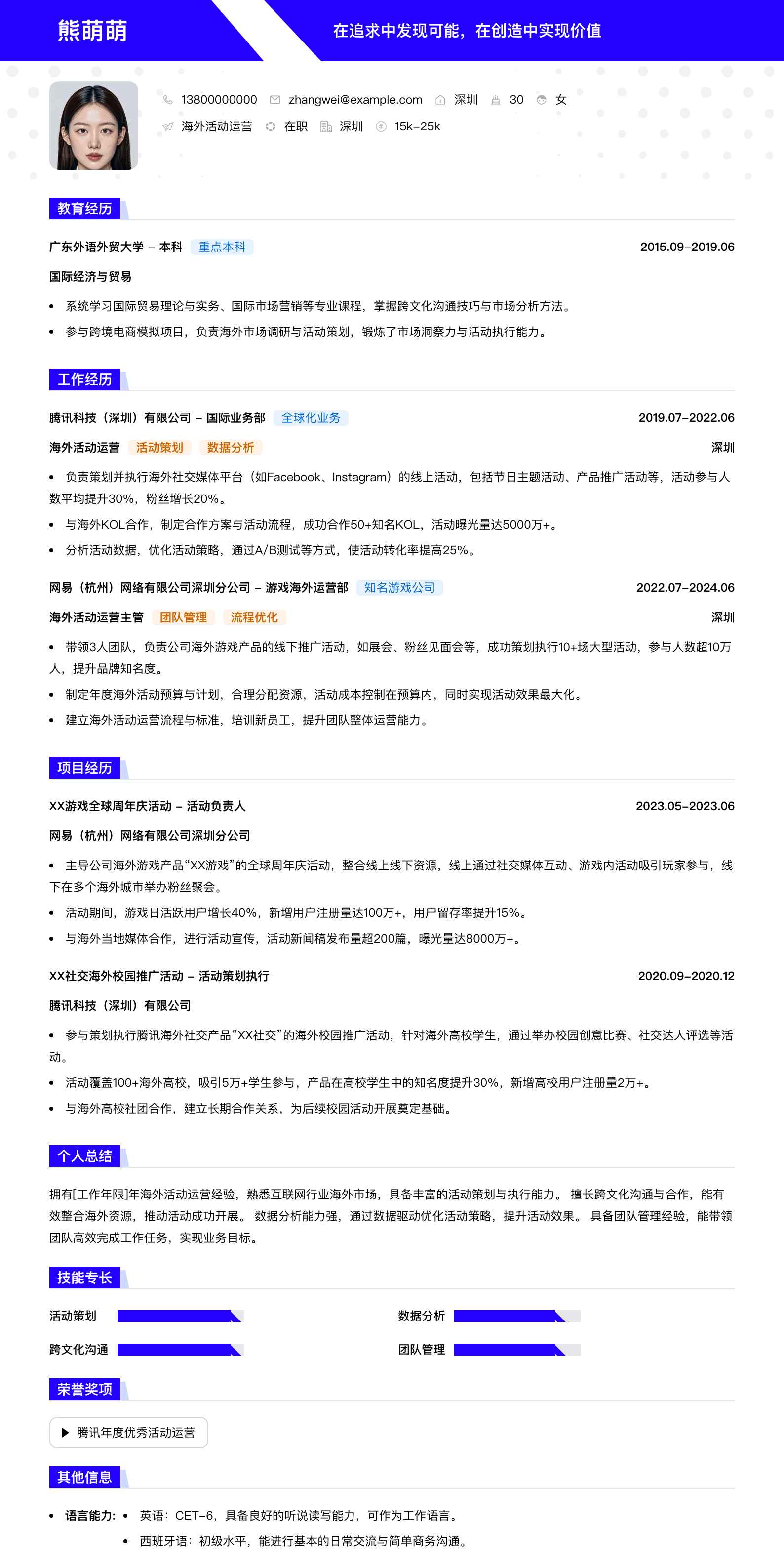 海外活动运营简历模板
