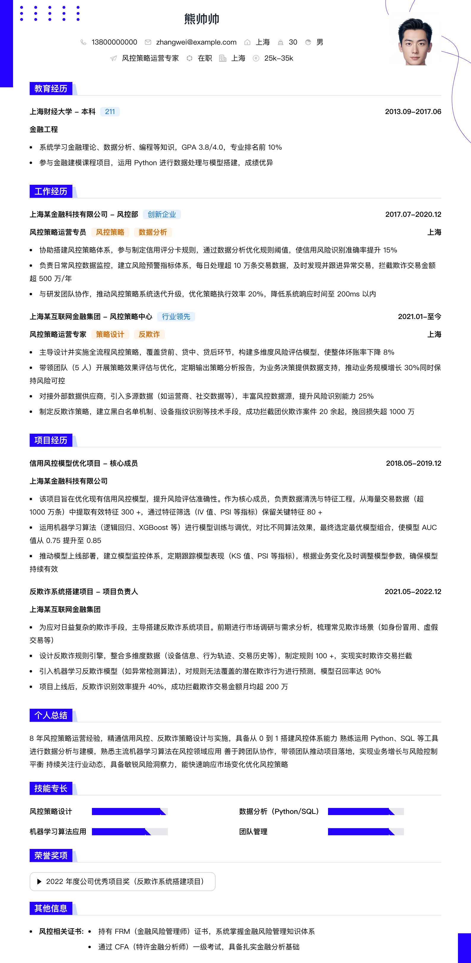 风控策略运营专家简历模板