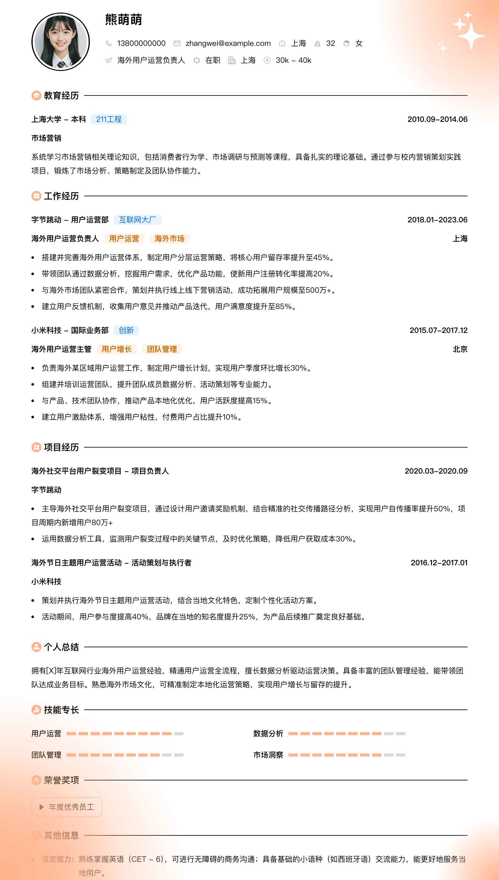 海外用户运营负责人简历模板