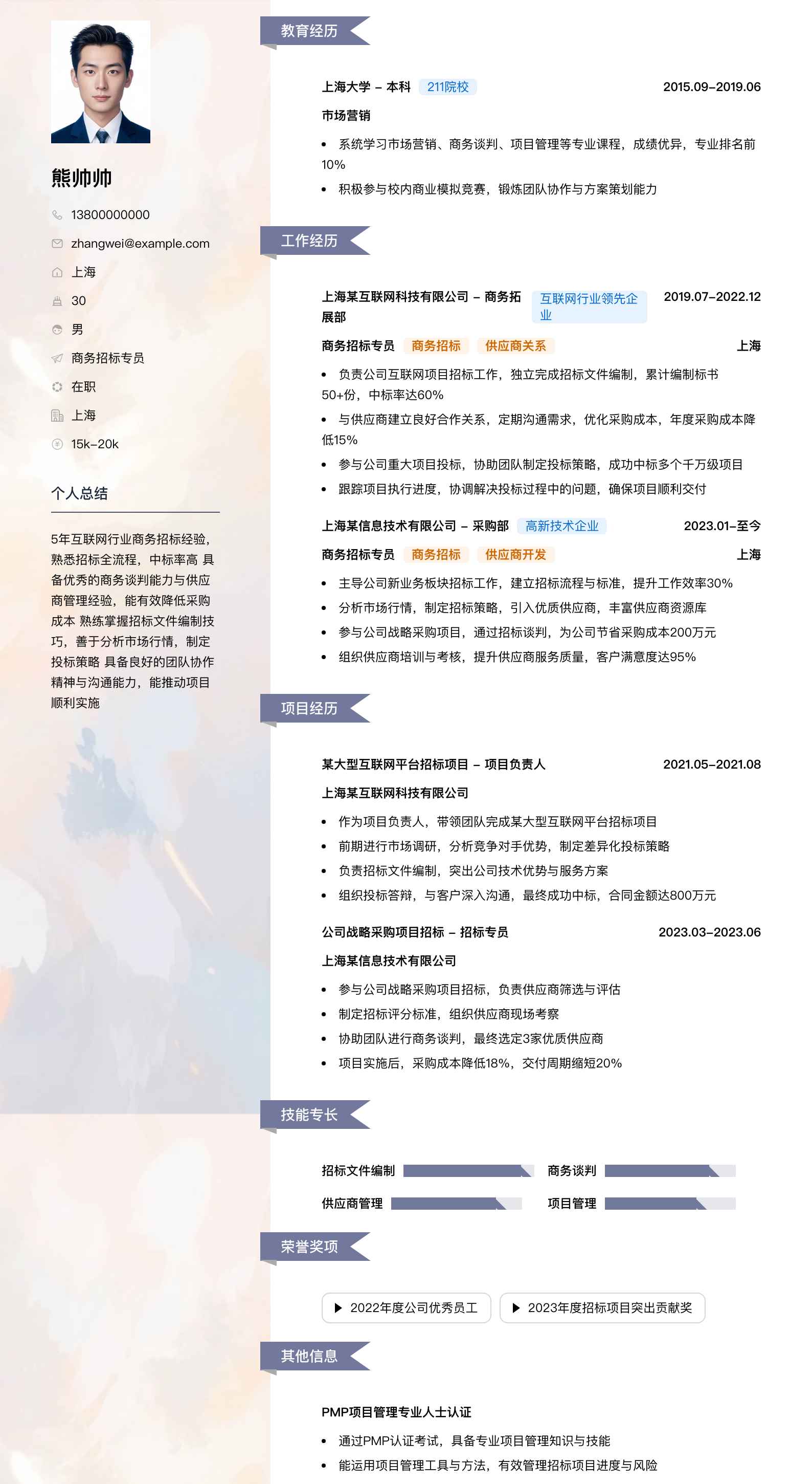 商务招标专员简历模板