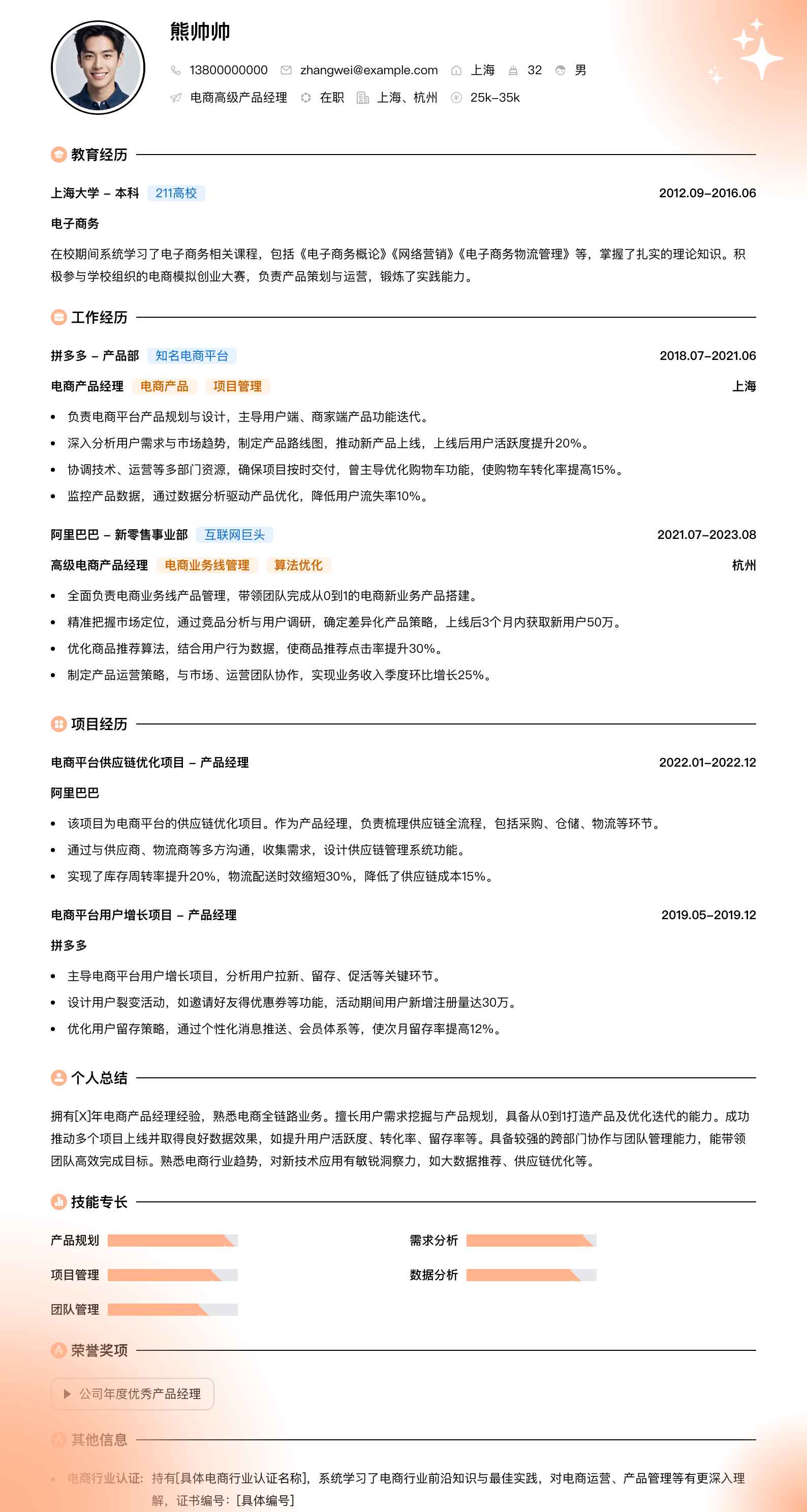 电商高级产品经理简历模板