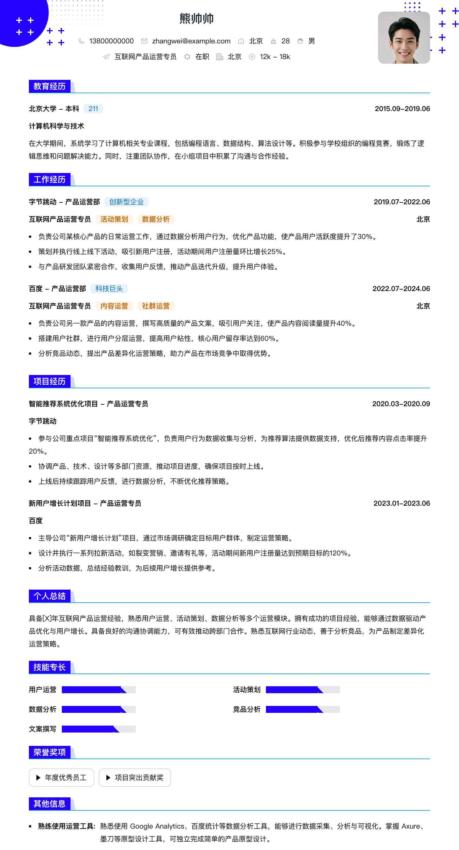 互联网产品运营专员简历模板