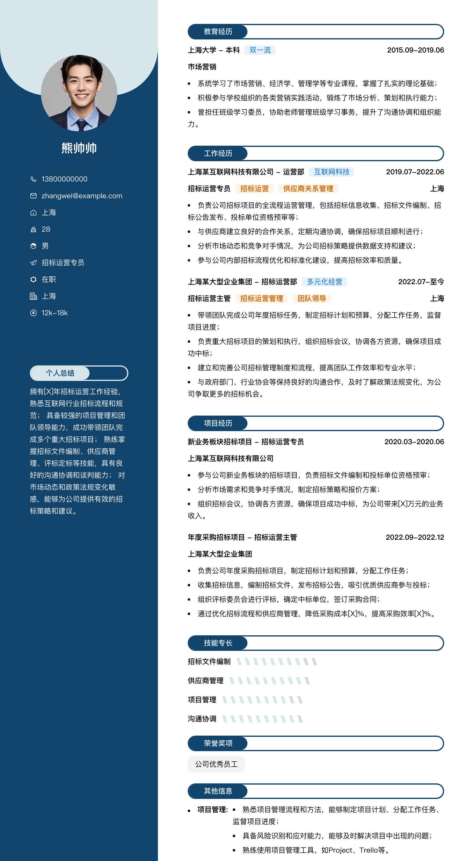 招标运营专员简历模板