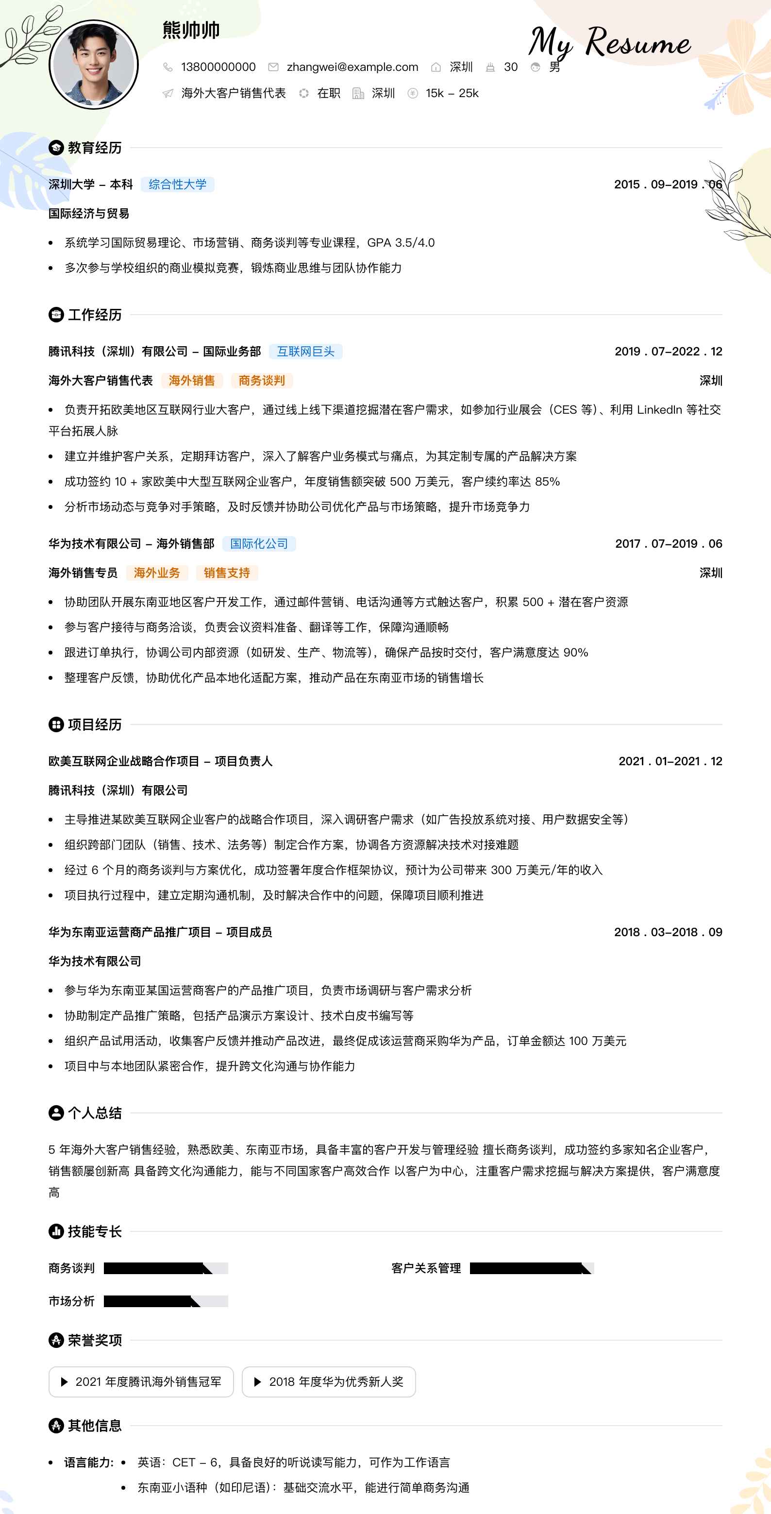 海外大客户销售代表简历模板