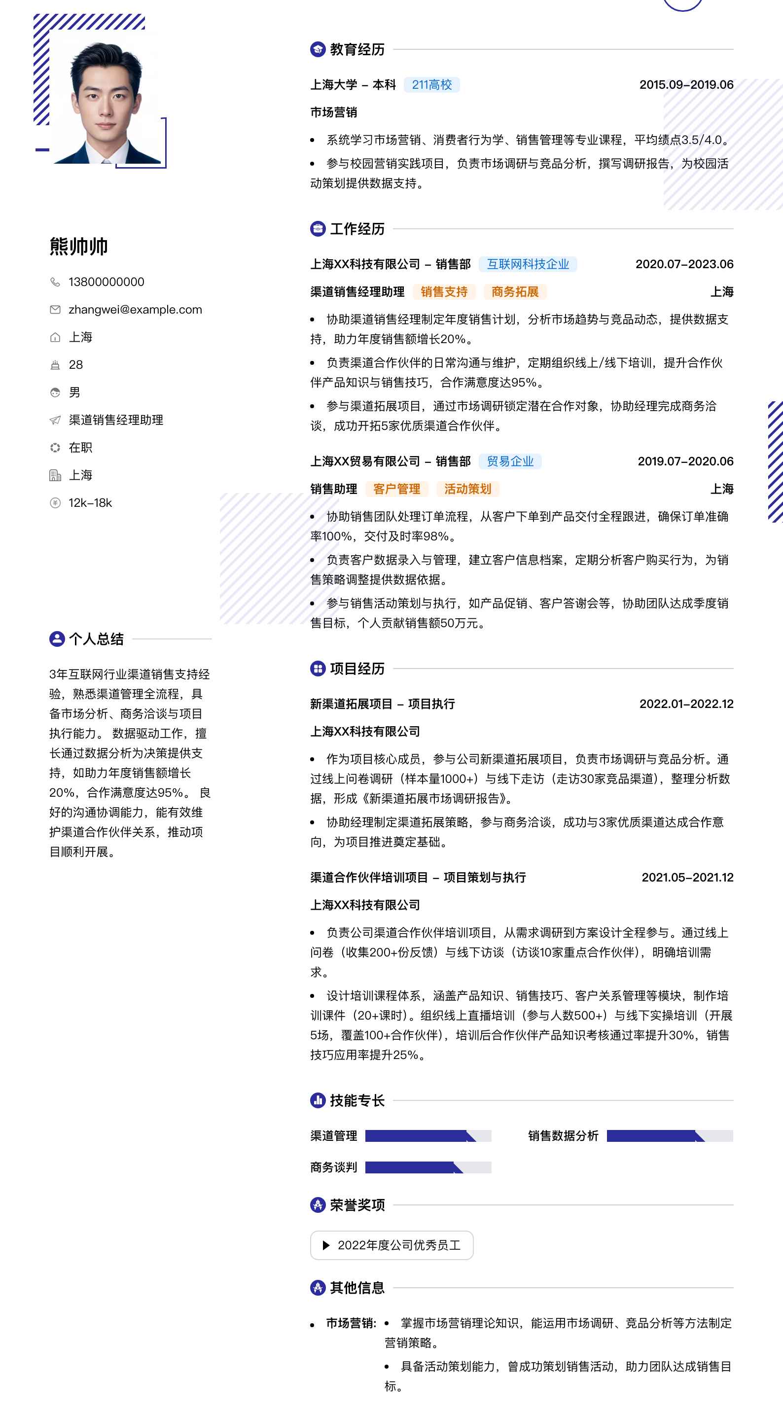 渠道销售经理助理简历模板