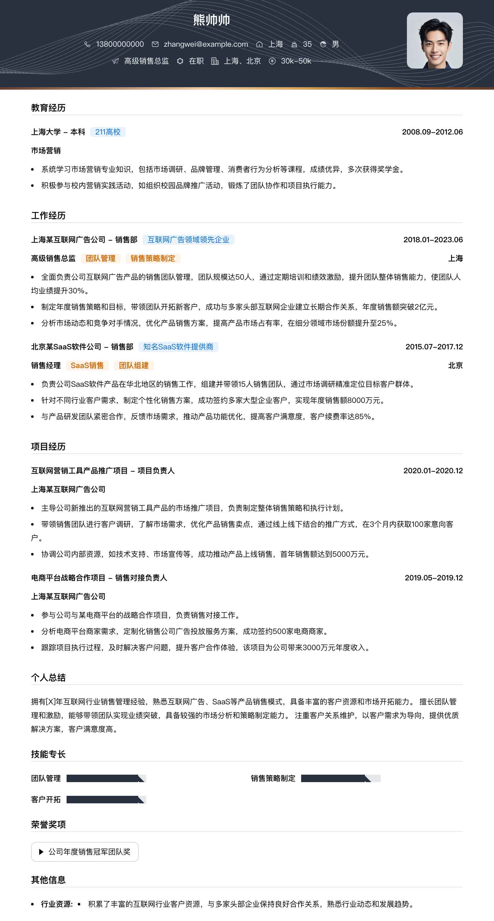 高级销售总监简历模板