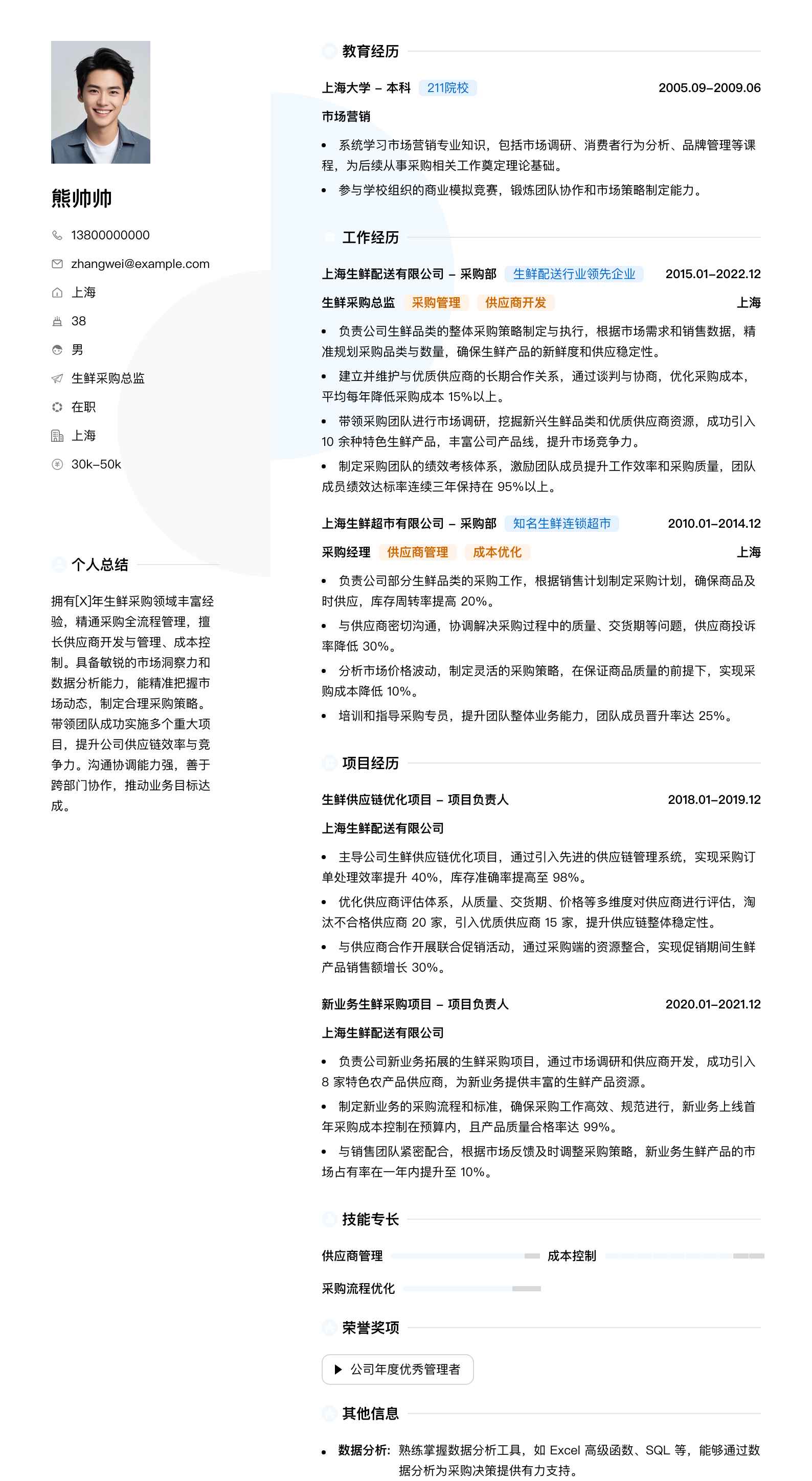 生鲜采购总监简历模板