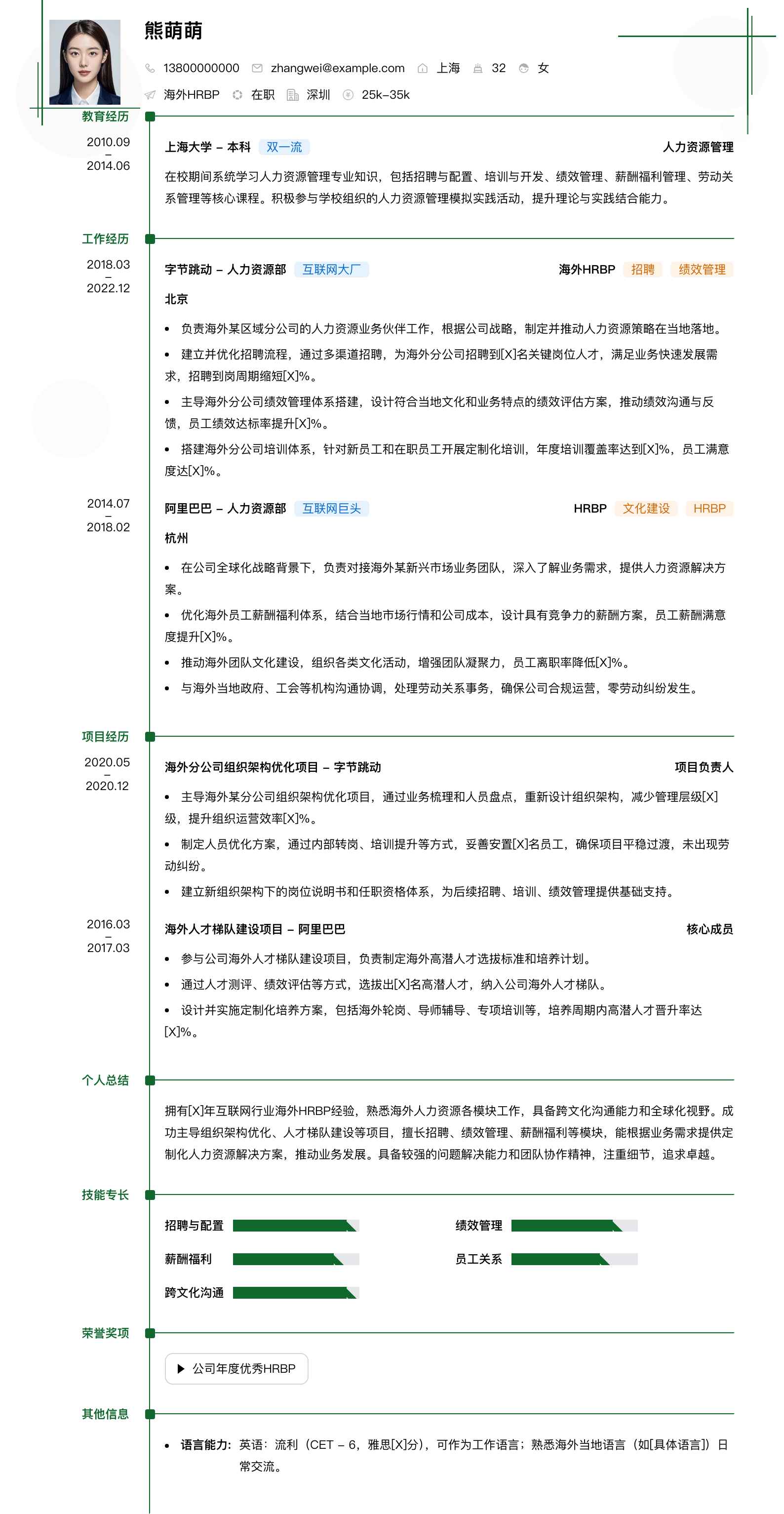 海外hrbp简历模板