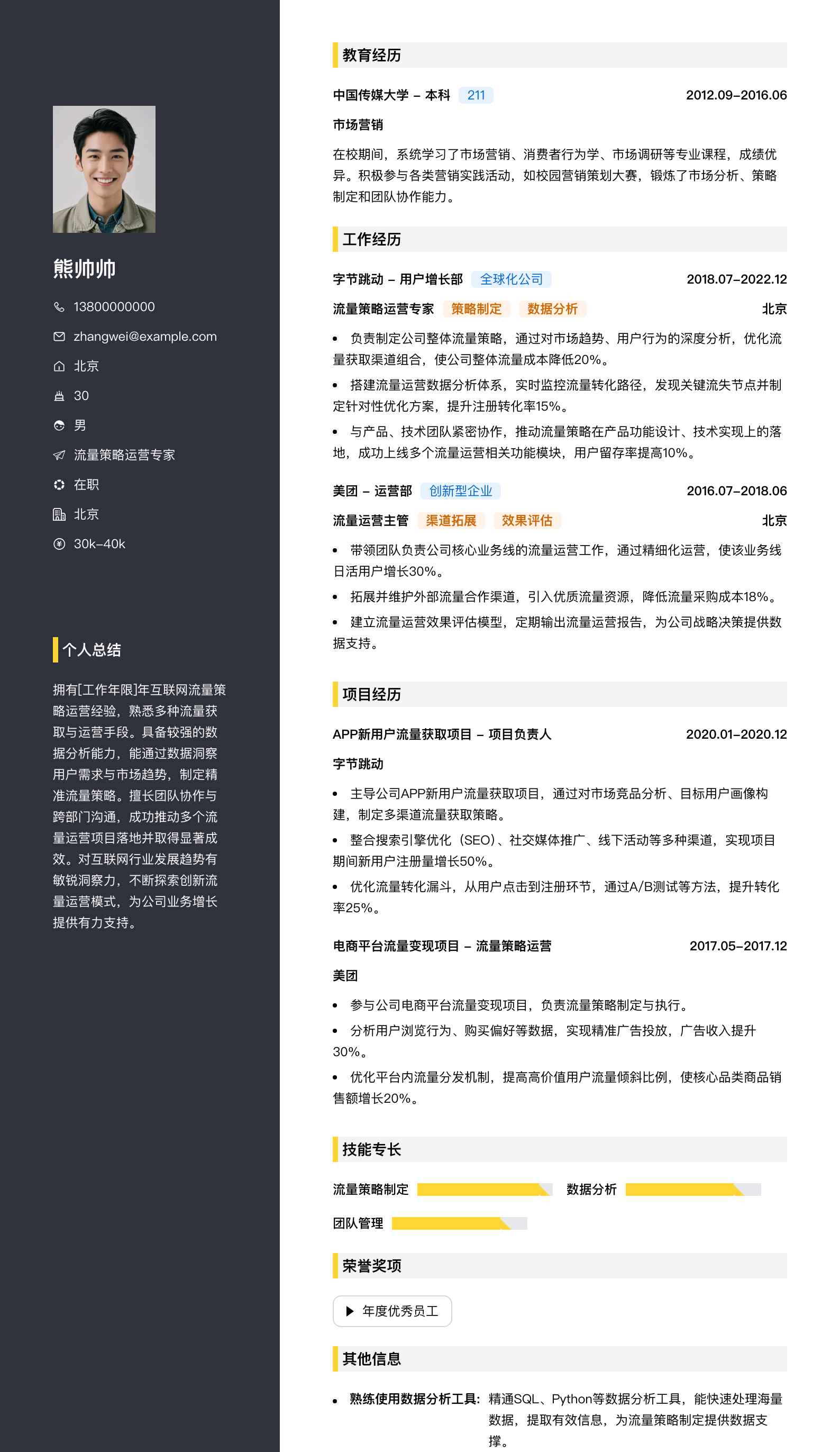 流量策略运营专家简历模板