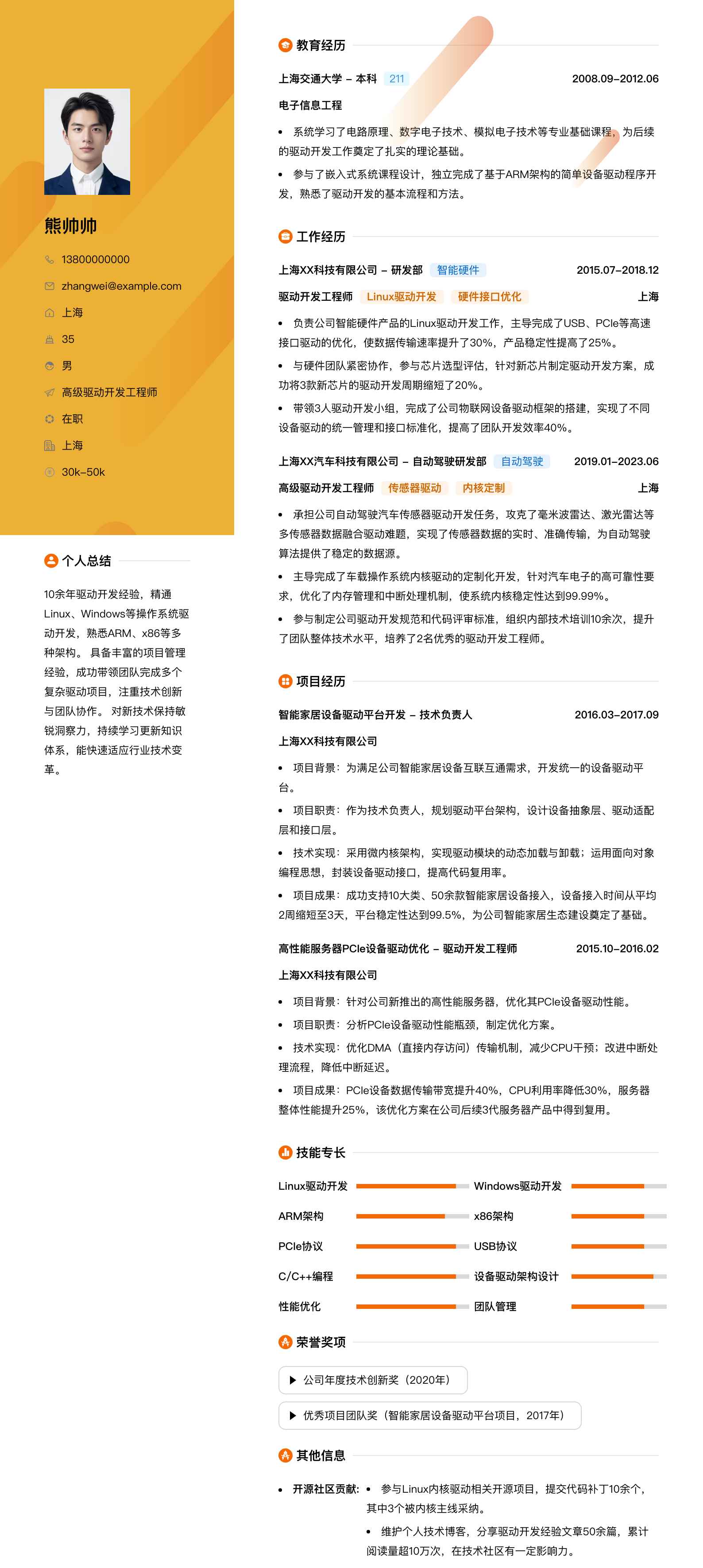 高级驱动开发工程师简历模板