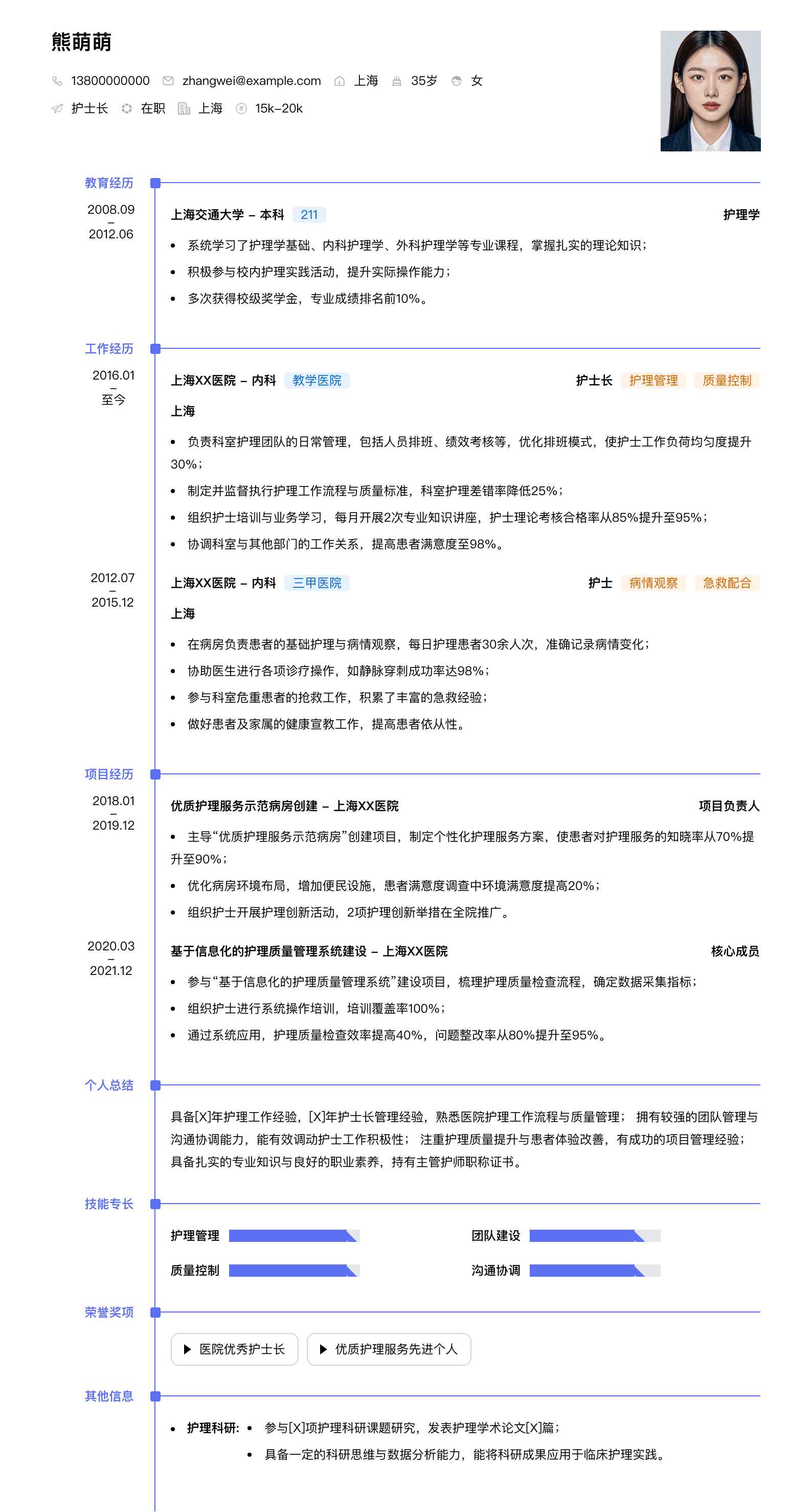护士长简历模板