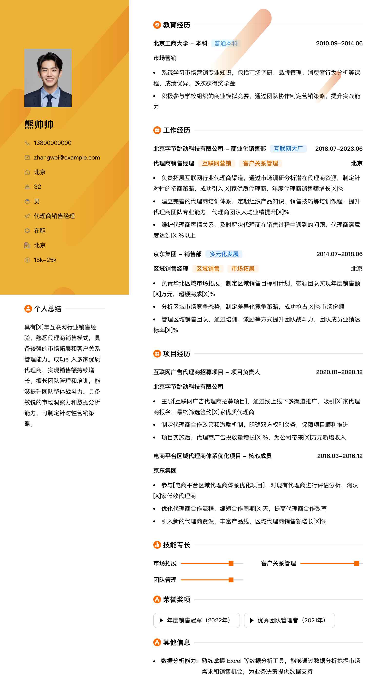 代理商销售经理简历模板