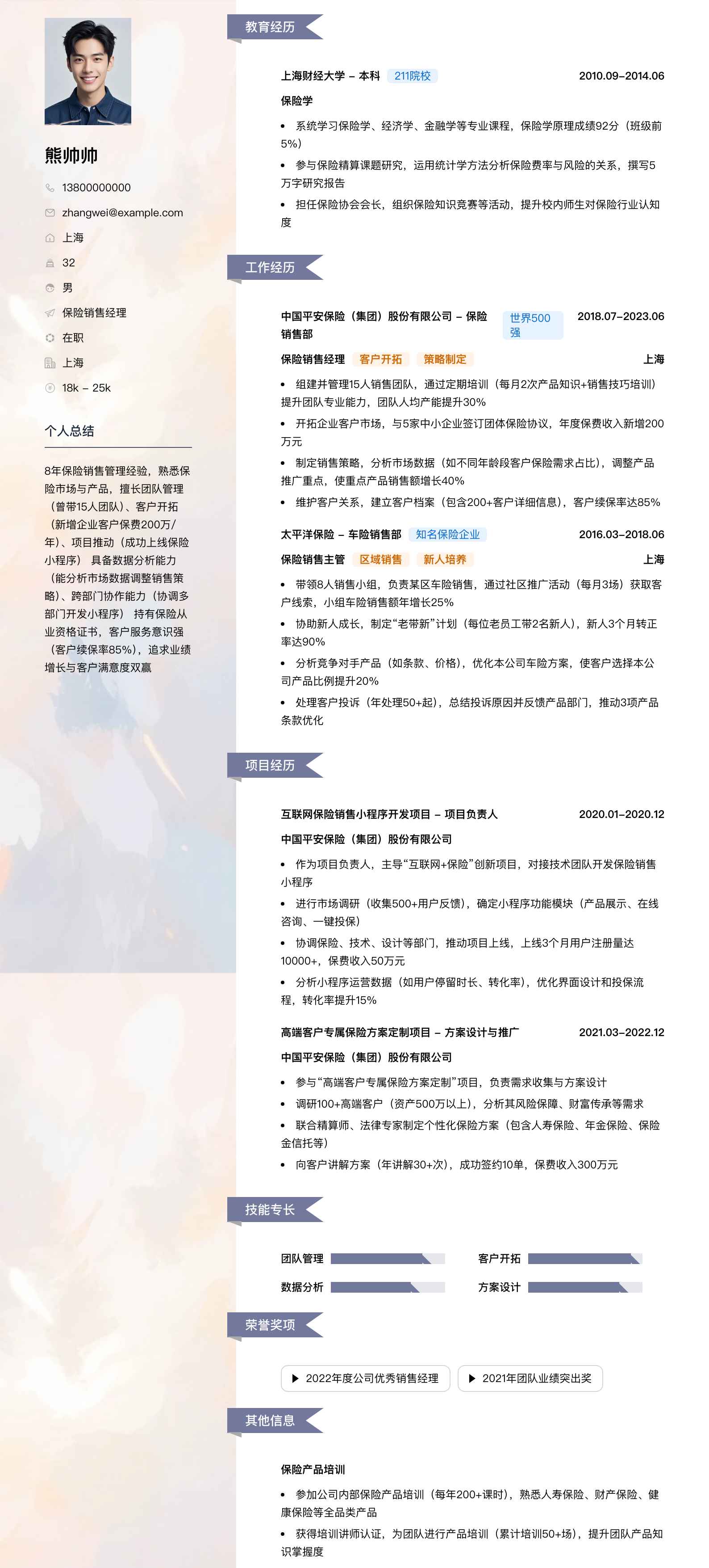 保险销售经理简历模板