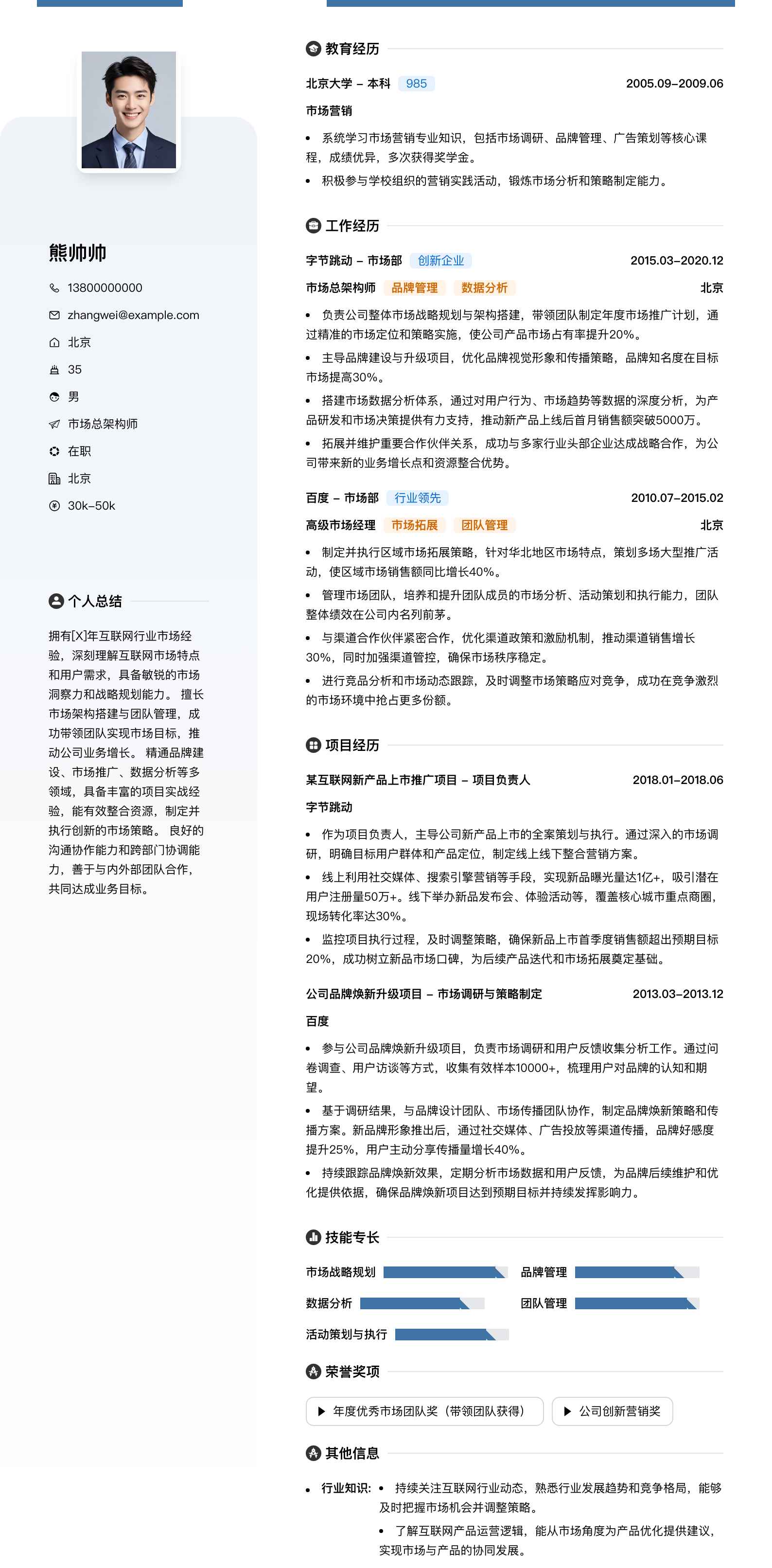 市场总架构师简历模板