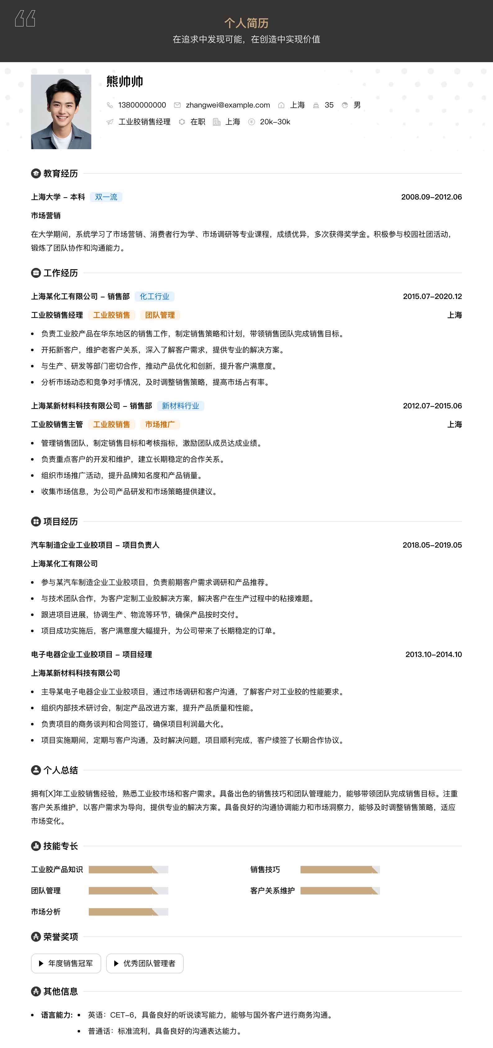 工业胶销售经理简历模板