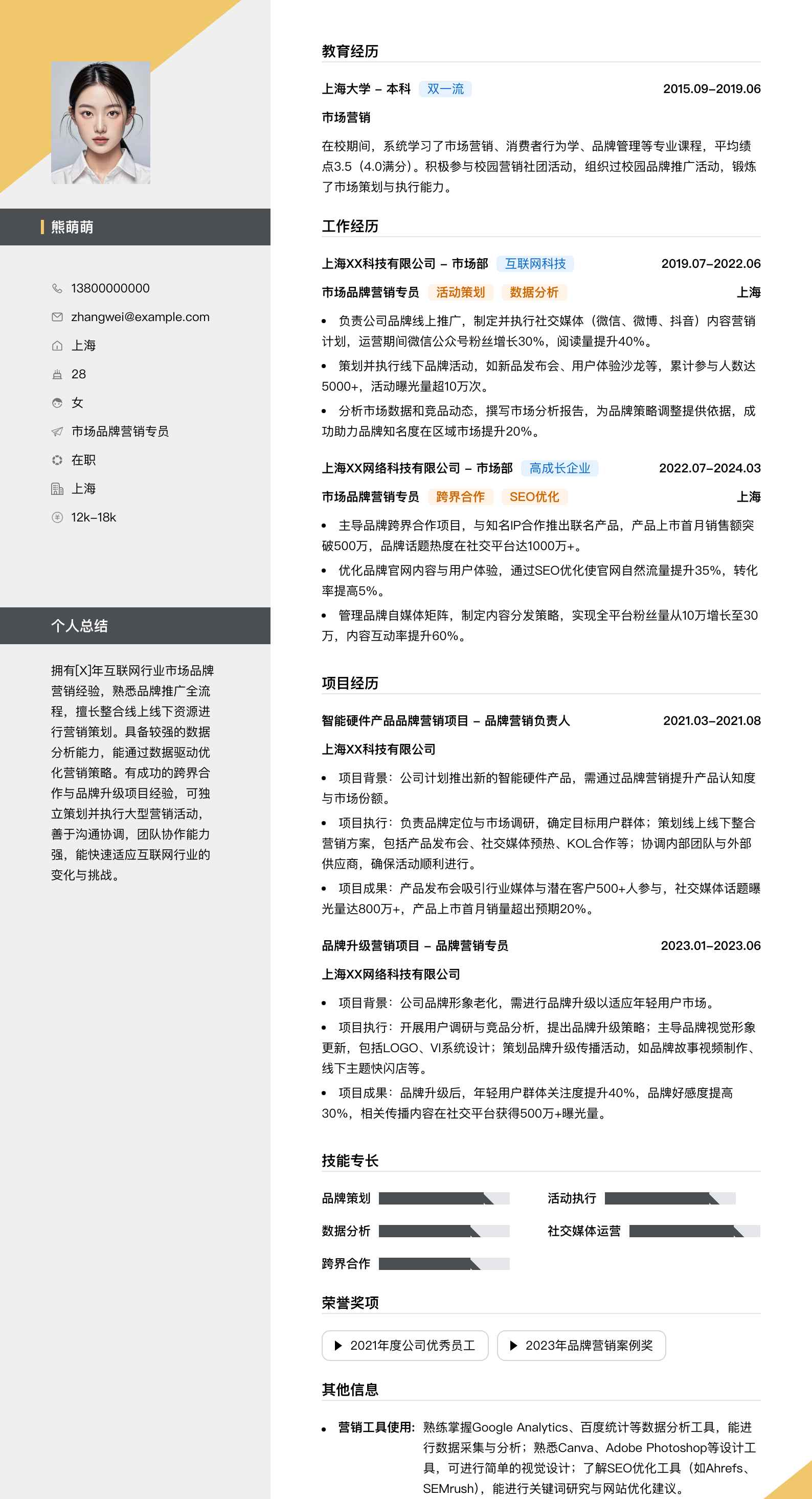 市场品牌营销专员简历模板