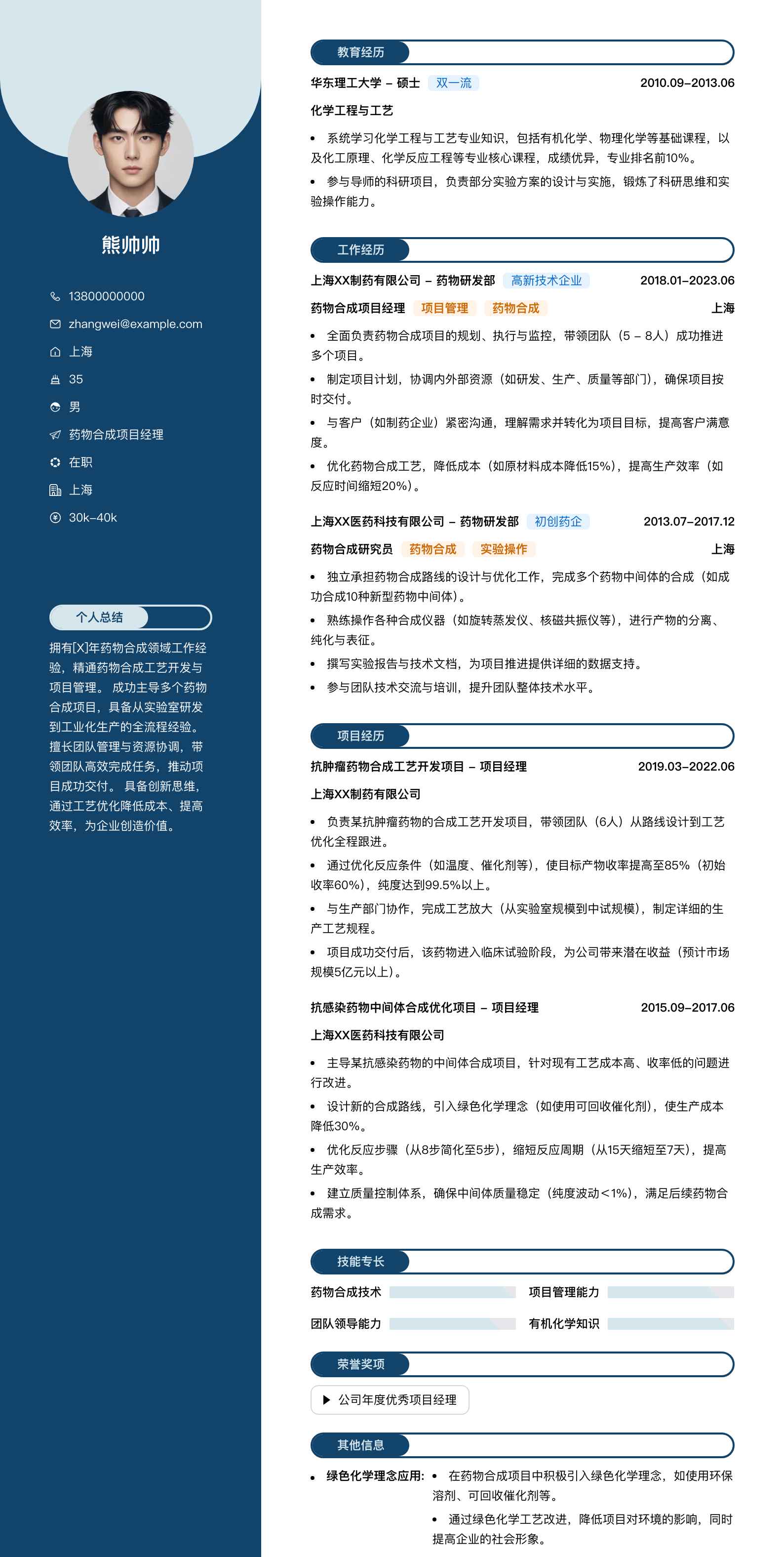 药物合成项目经理简历模板
