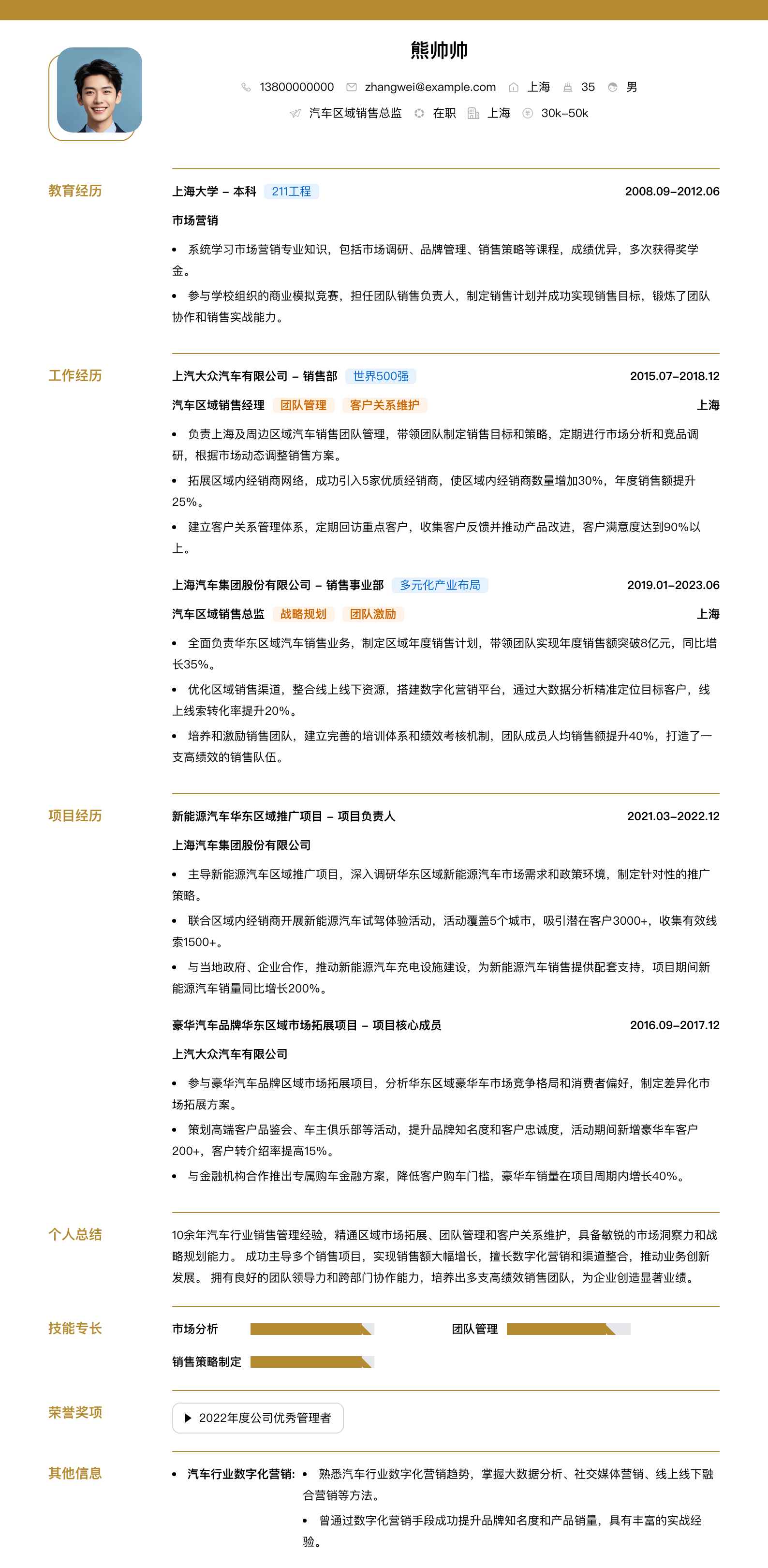 汽车区域销售总监简历模板