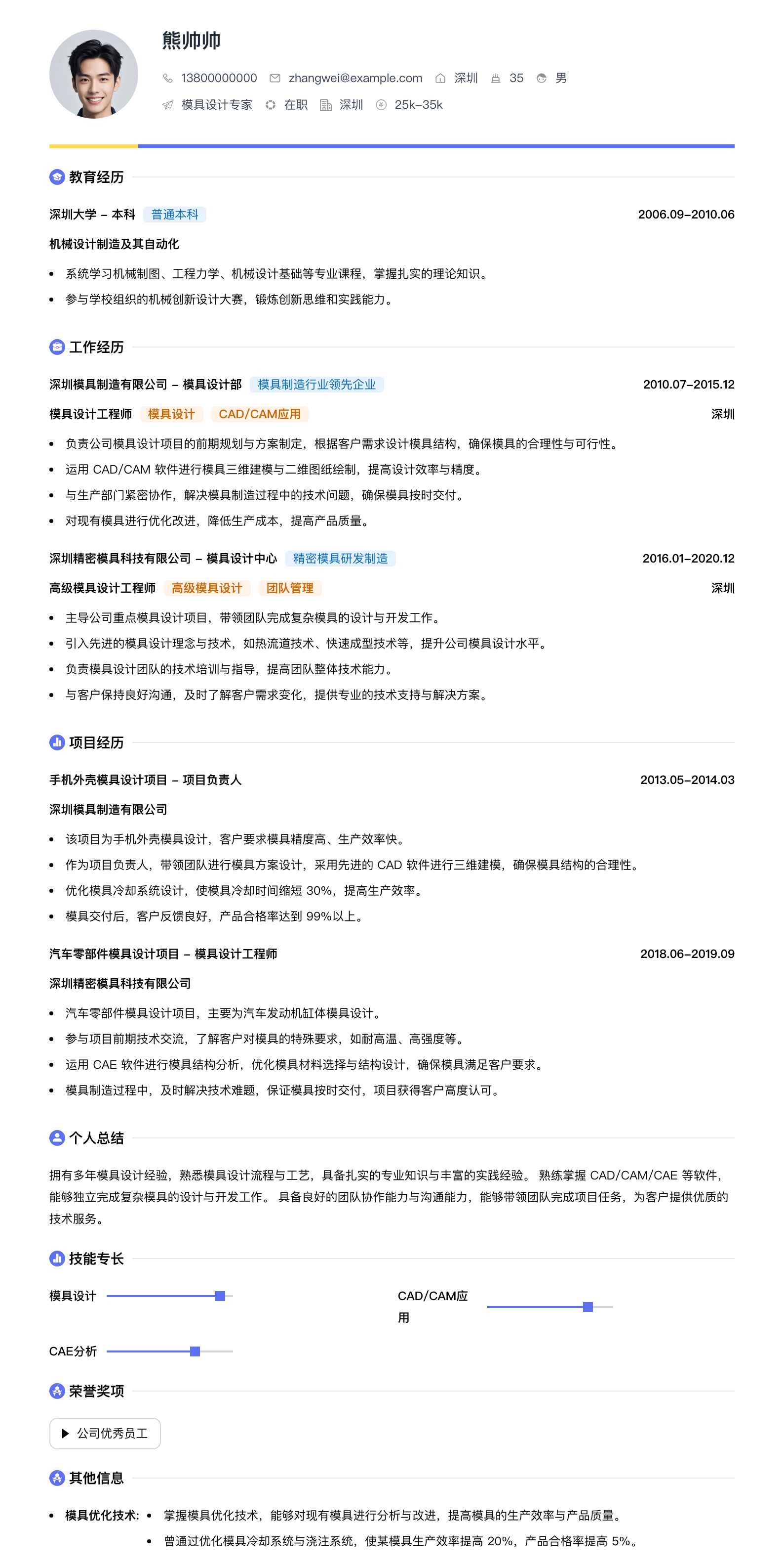 模具设计专家简历模板